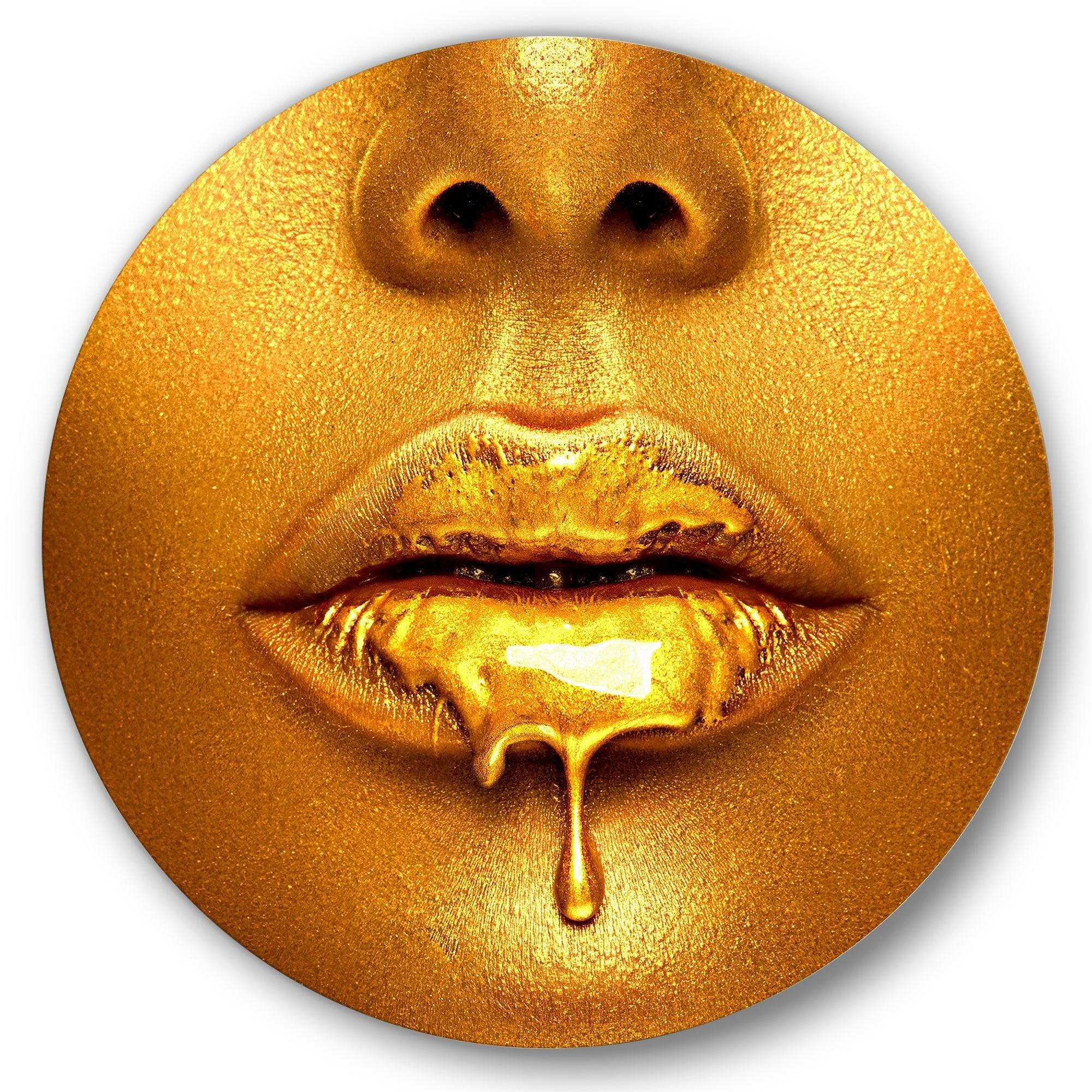 Gold Paint Drips From Sexy Woman Lips - People Oversized Circle Metal Wall Art