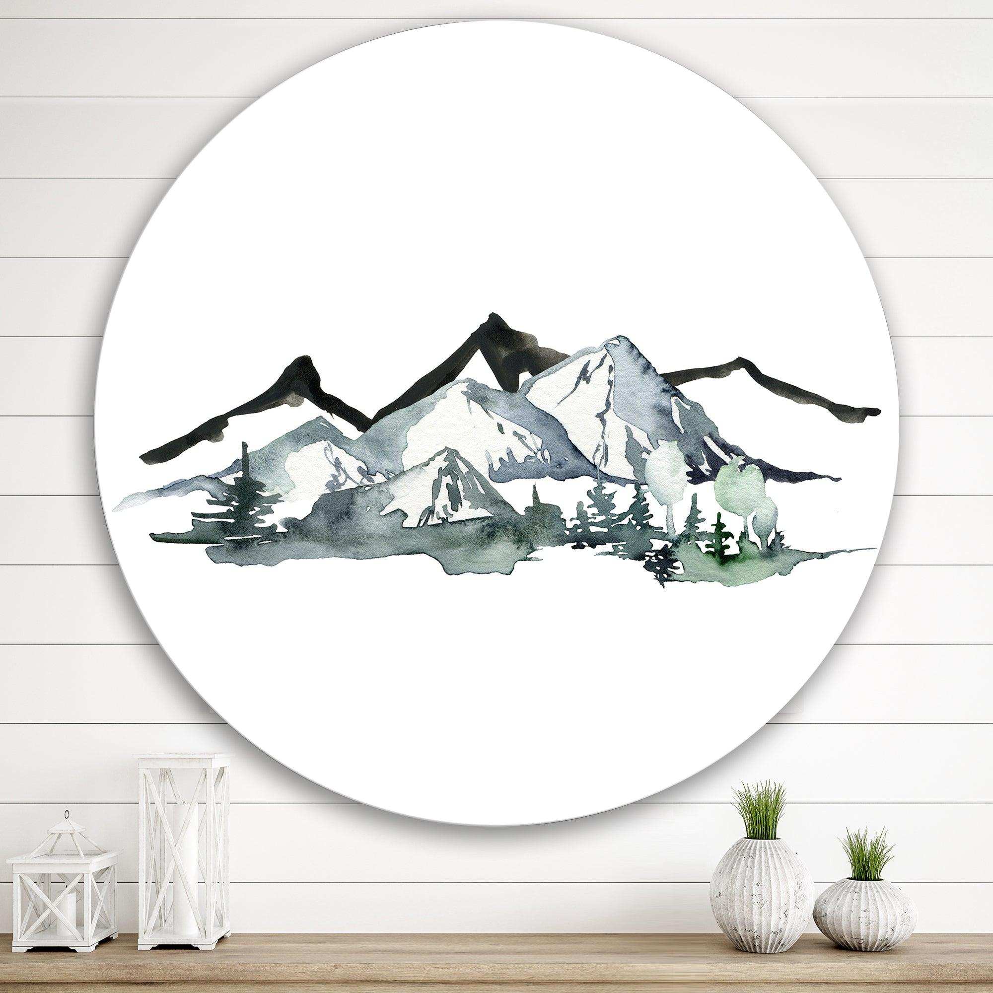 Minimalistic Winter Mountains and Fir Forest I - Landscape Circle Metal Wall Decor