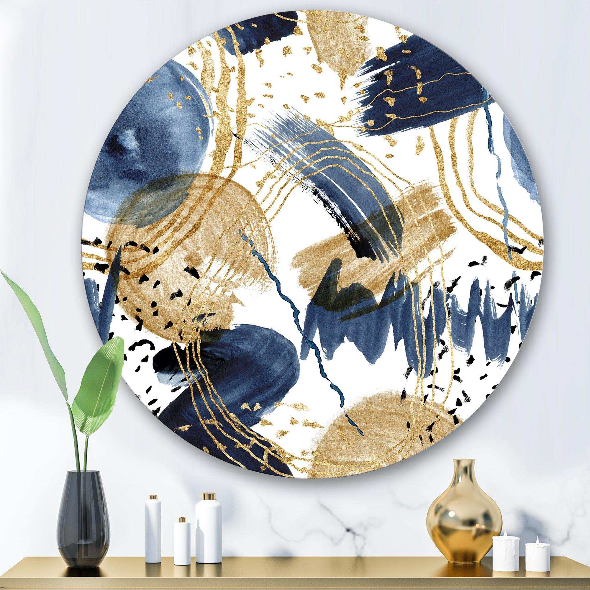 Abstract Pattern With Dark Blue & Golden Textures Modern Metal Circle Wall Art