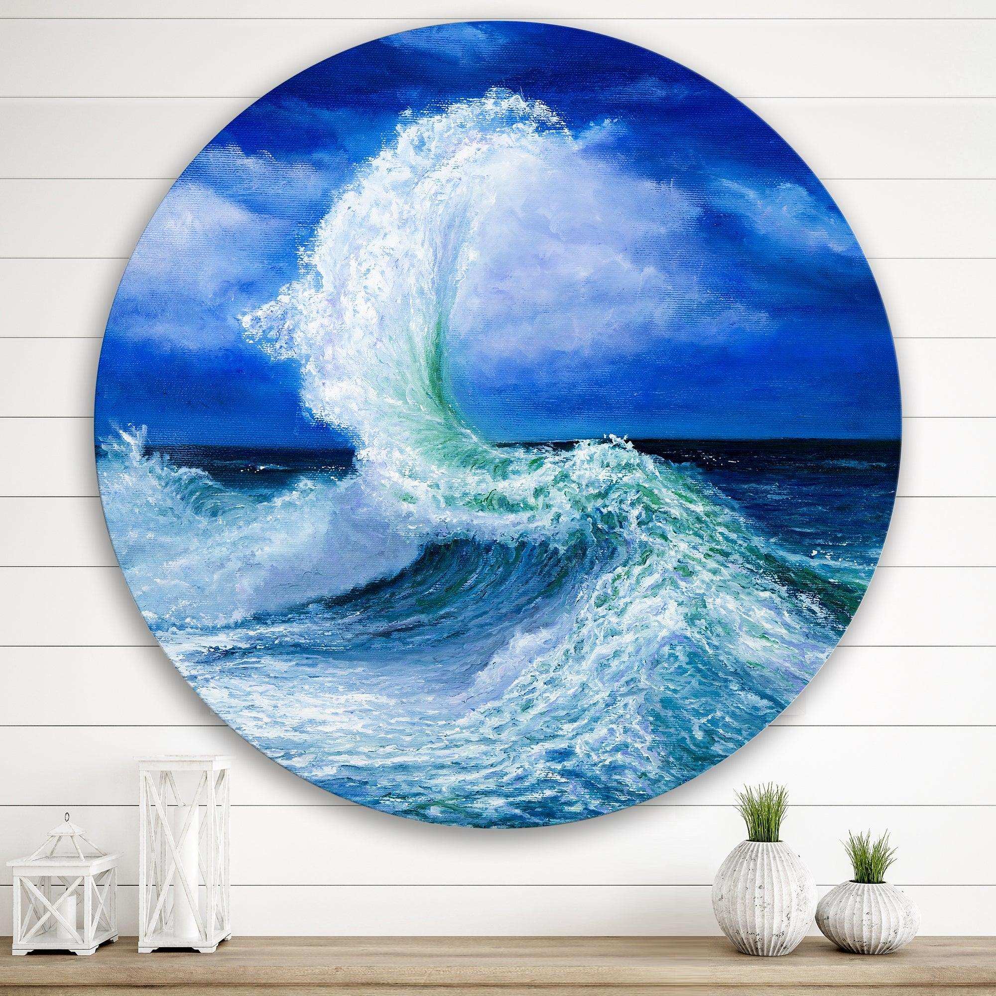 Waves Breaking During Wild Ocean Tide - Beach Round Metal Wall Art
