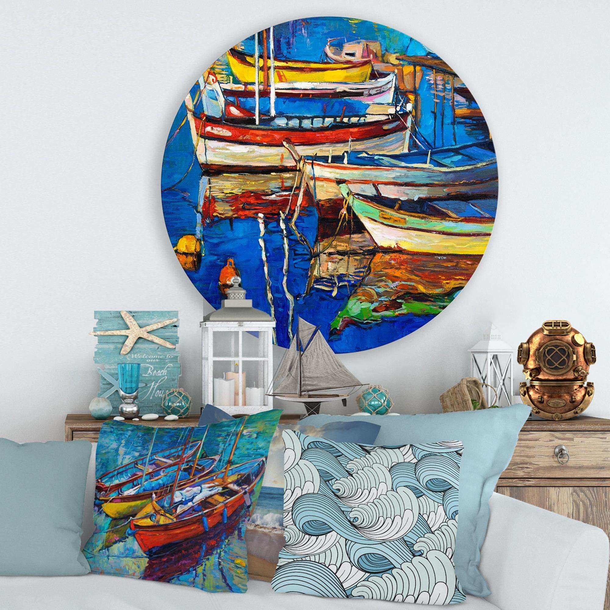 Boats Resting On The Water Near Coastal Town II - Transportation Circle Metal Wall Decor
