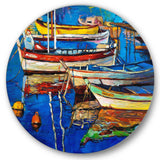 Boats Resting On The Water Near Coastal Town II - Transportation Circle Metal Wall Decor