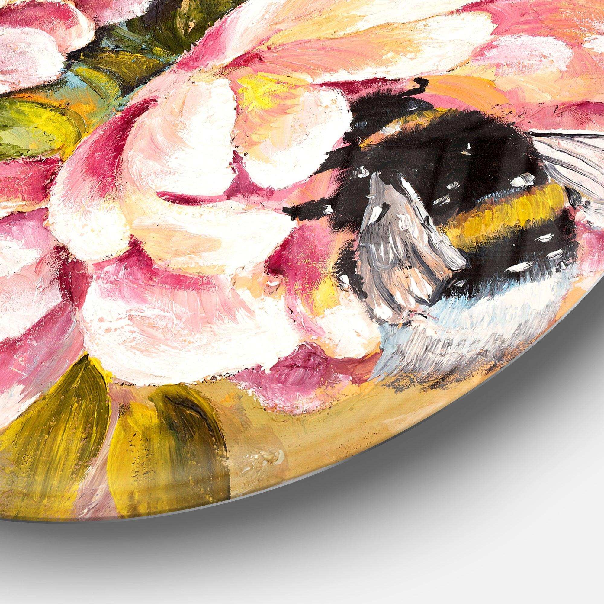 Bee Sitting on Flower - Floral Oversized Circle Metal Wall Art