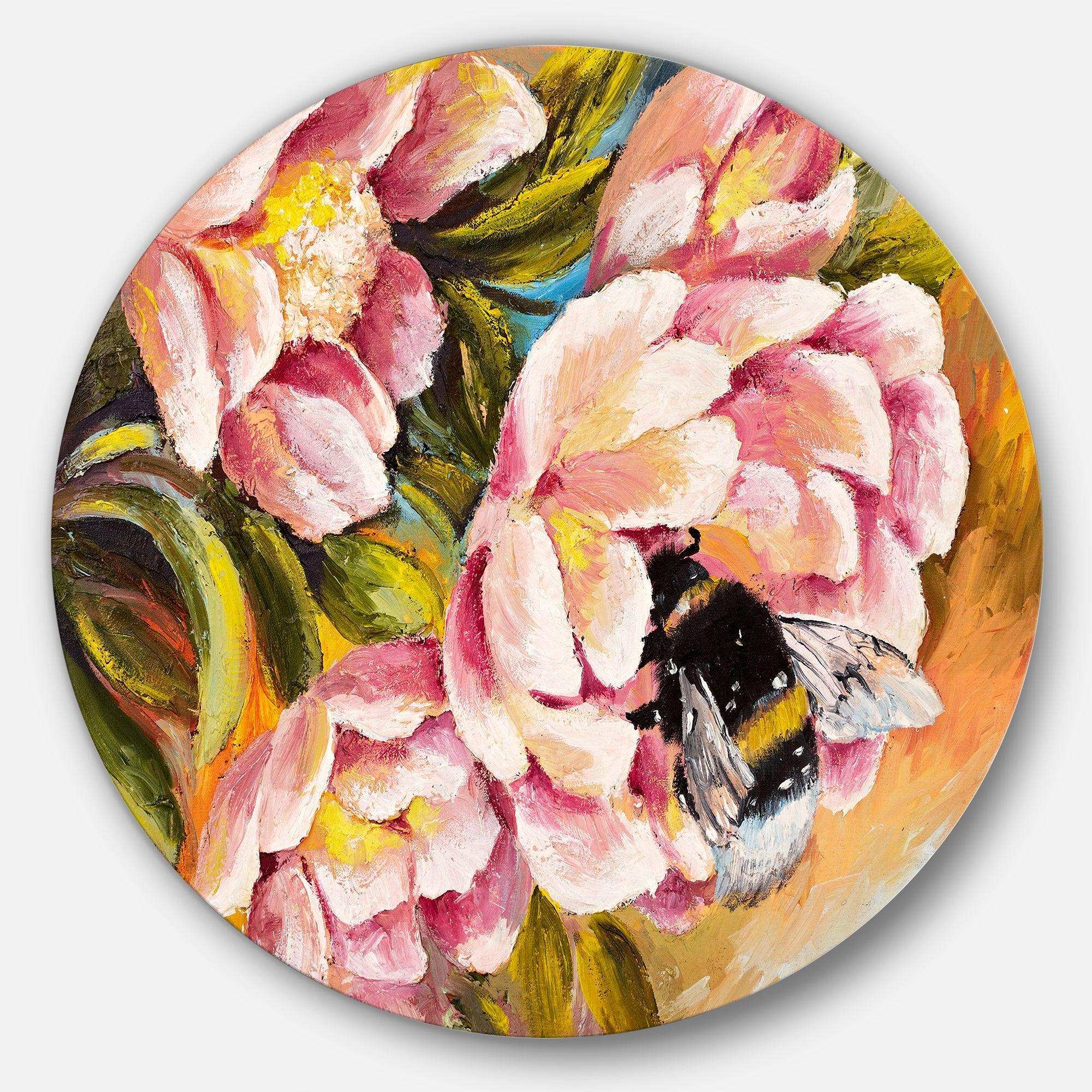 Bee Sitting on Flower - Floral Oversized Circle Metal Wall Art