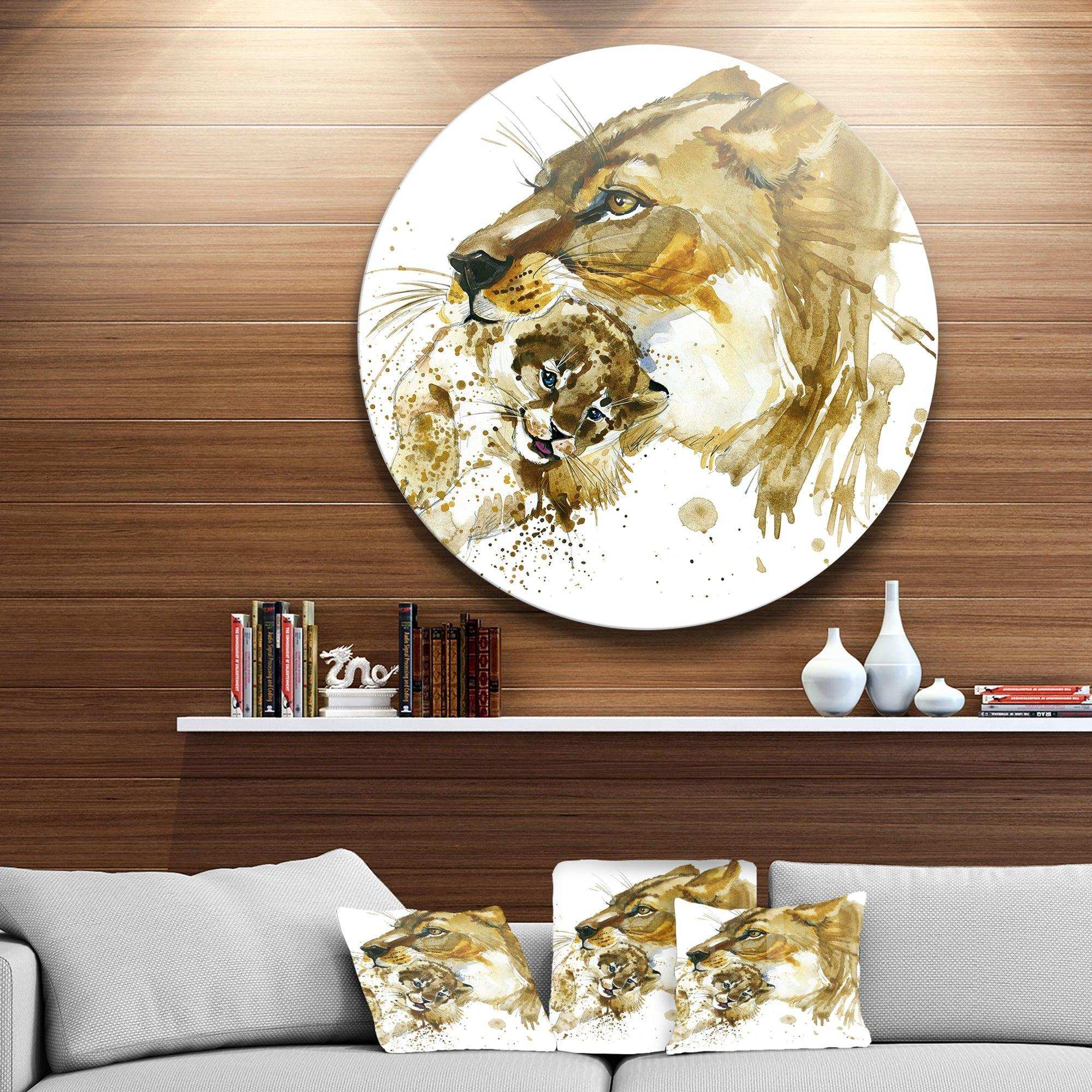 Lioness and Cub - Animal Metal Circle Wall Art