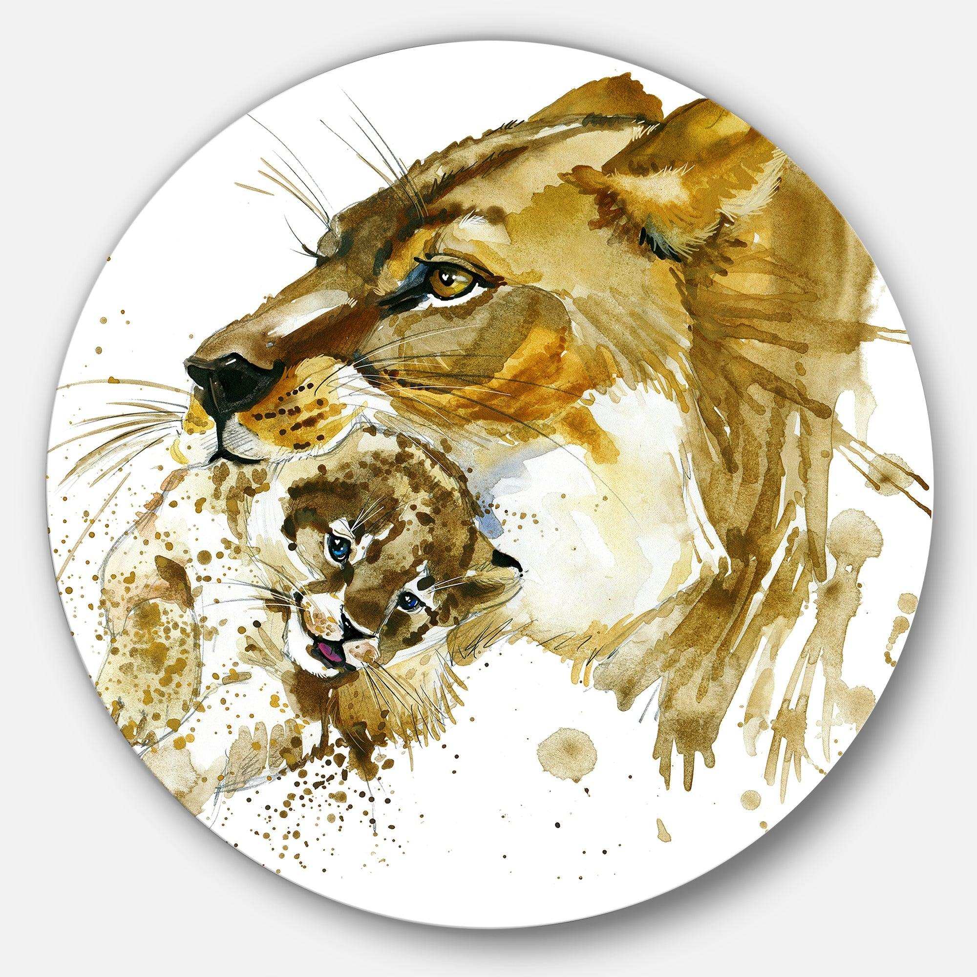Lioness and Cub - Animal Metal Circle Wall Art