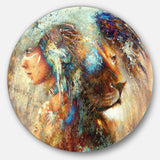 Indian Woman Collage with Lion - Americana Metal Circle Wall Art