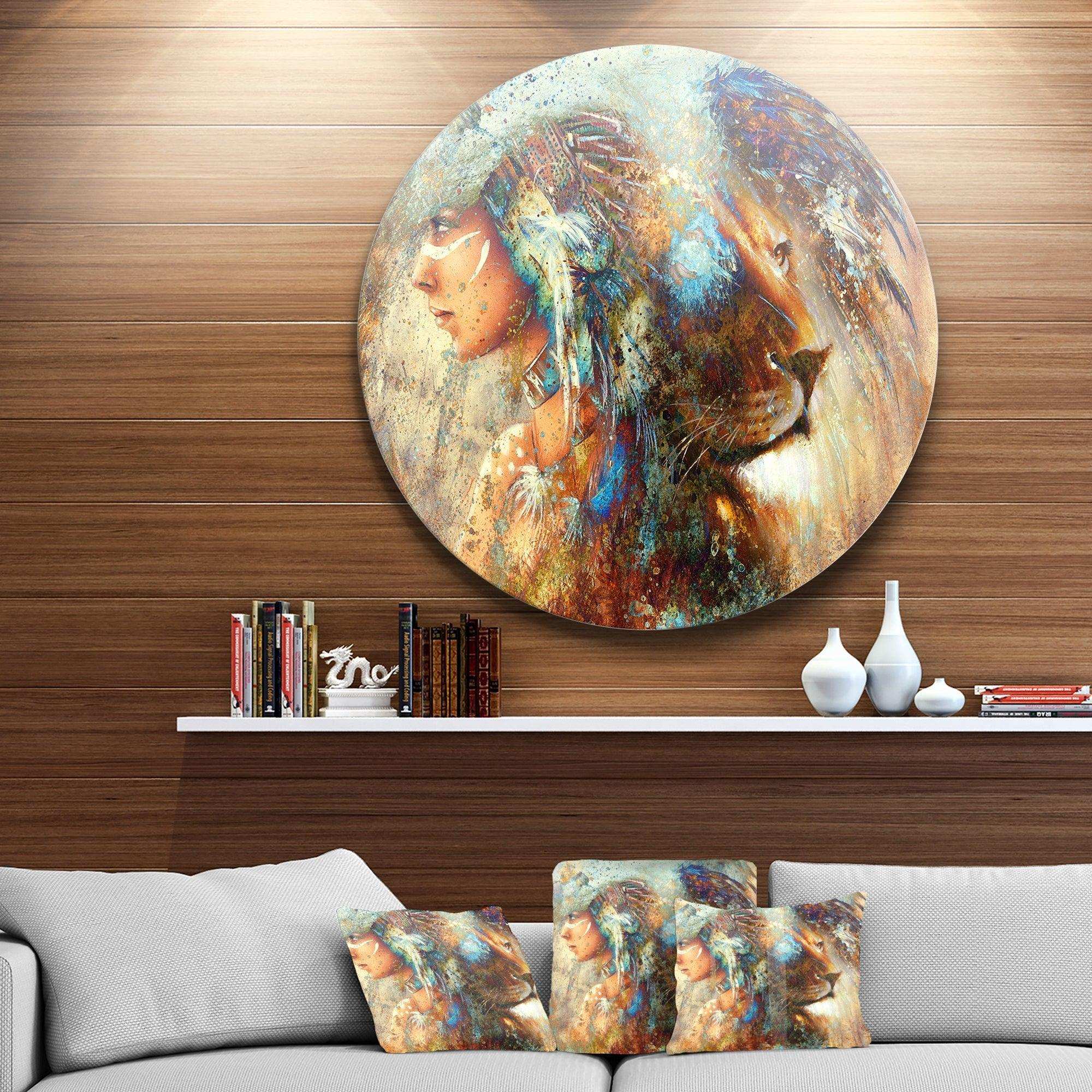 Indian Woman Collage with Lion - Americana Metal Circle Wall Art