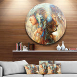 Indian Woman Collage with Lion - Americana Metal Circle Wall Art