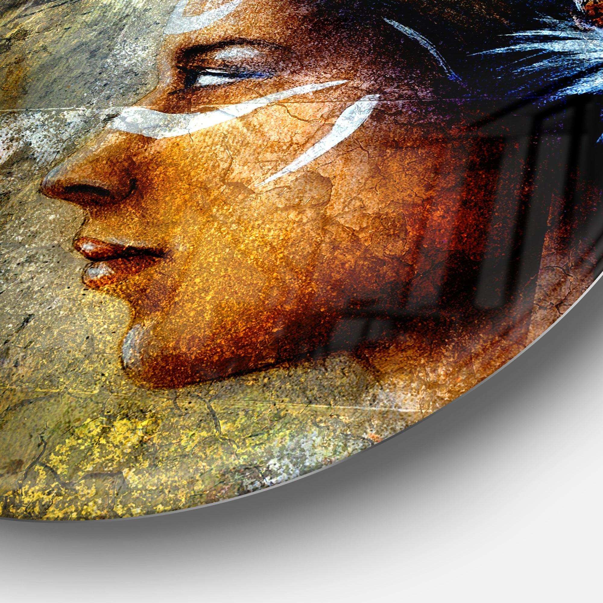 Indian Woman with Headdress - Abstract Metal Circle Wall Art