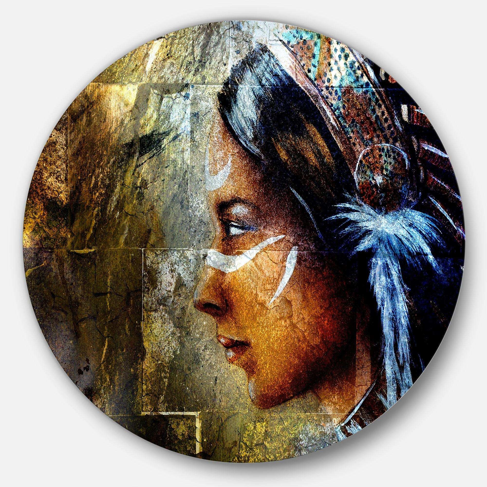 Indian Woman with Headdress - Abstract Metal Circle Wall Art