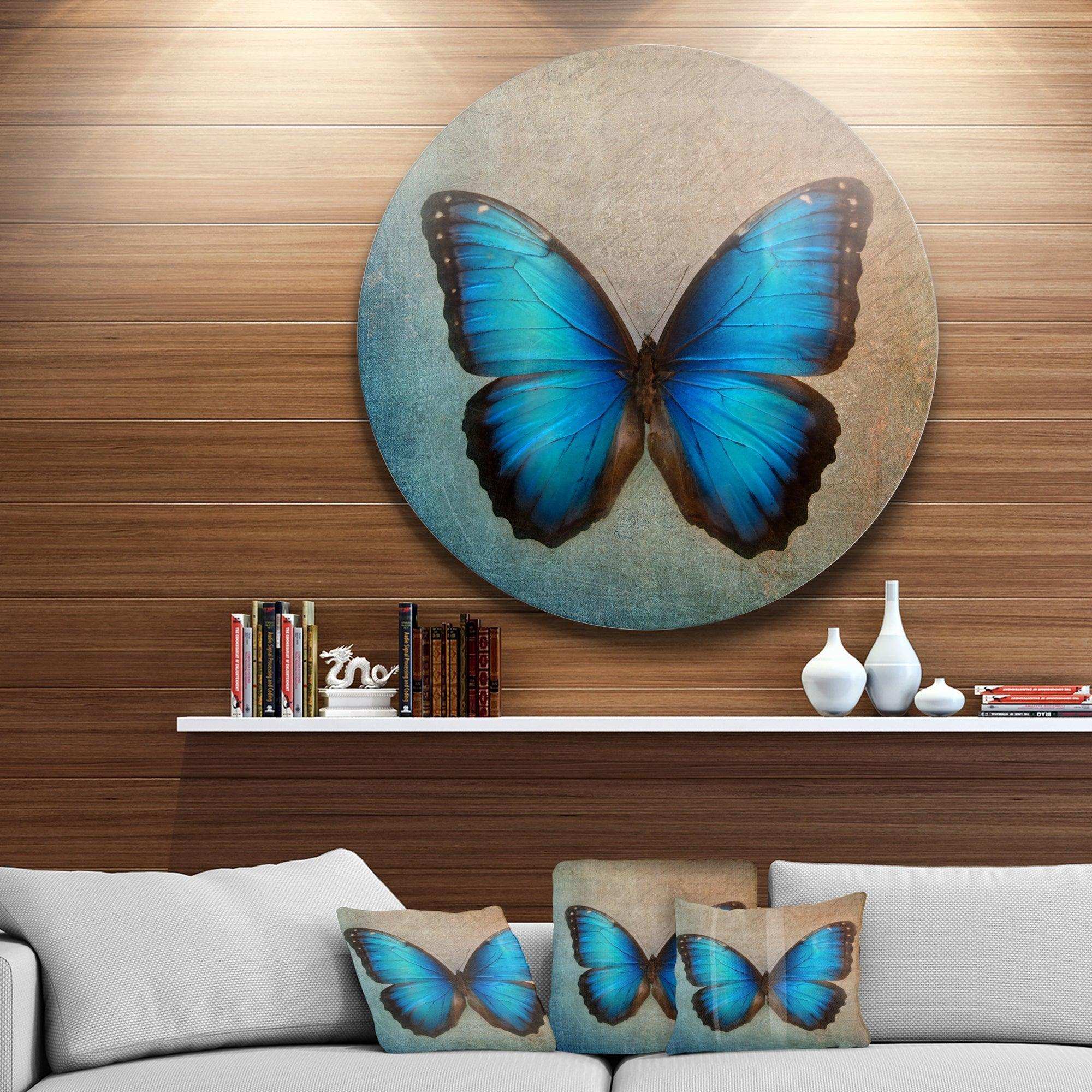 Blue Vintage Butterfly - Floral Oversized Circle Metal Wall Art