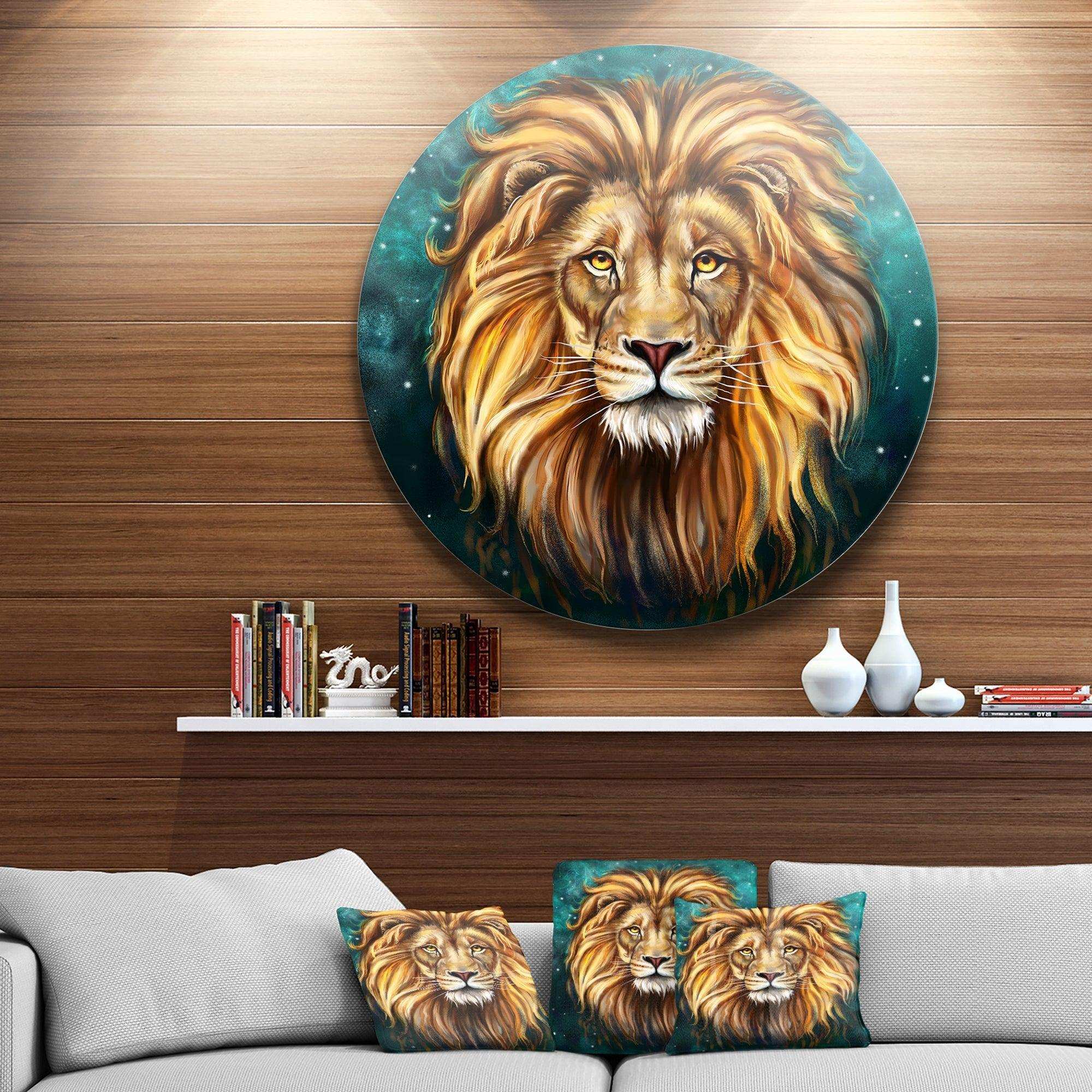 Lion Head in Blue - Animal Metal Circle Wall Art