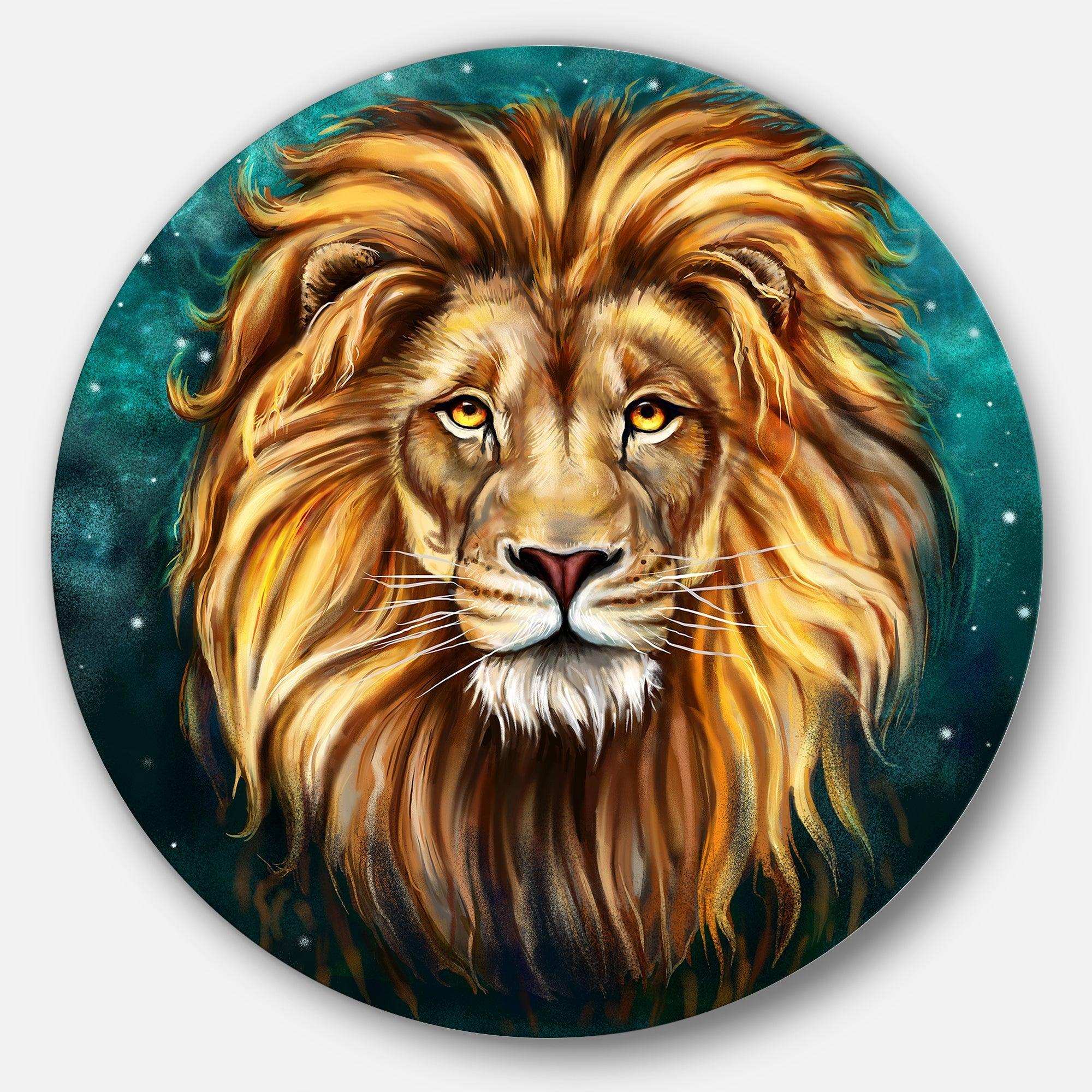 Lion Head in Blue - Animal Metal Circle Wall Art