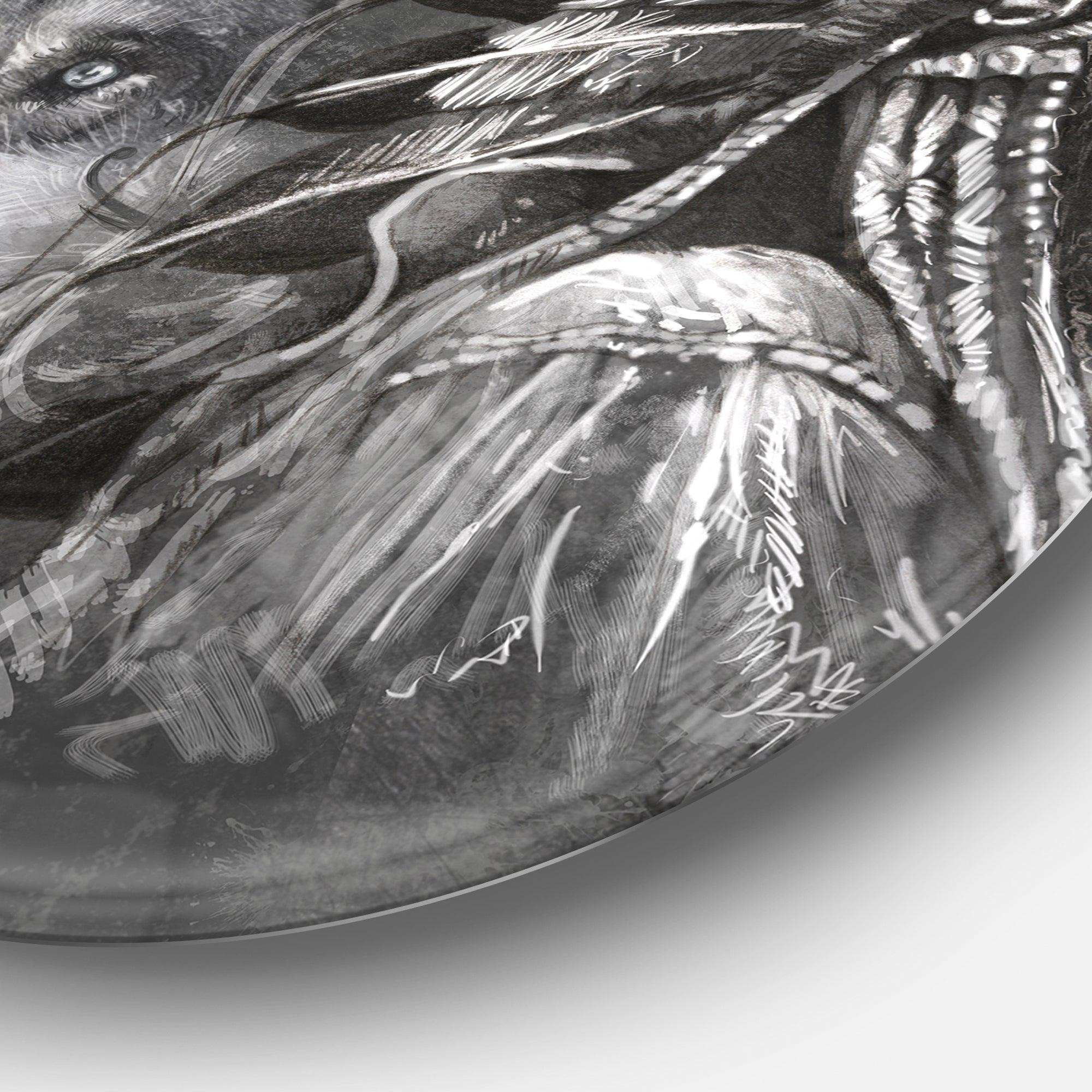 Wolf and American Indian Chief - Animal Round Metal Wall Art