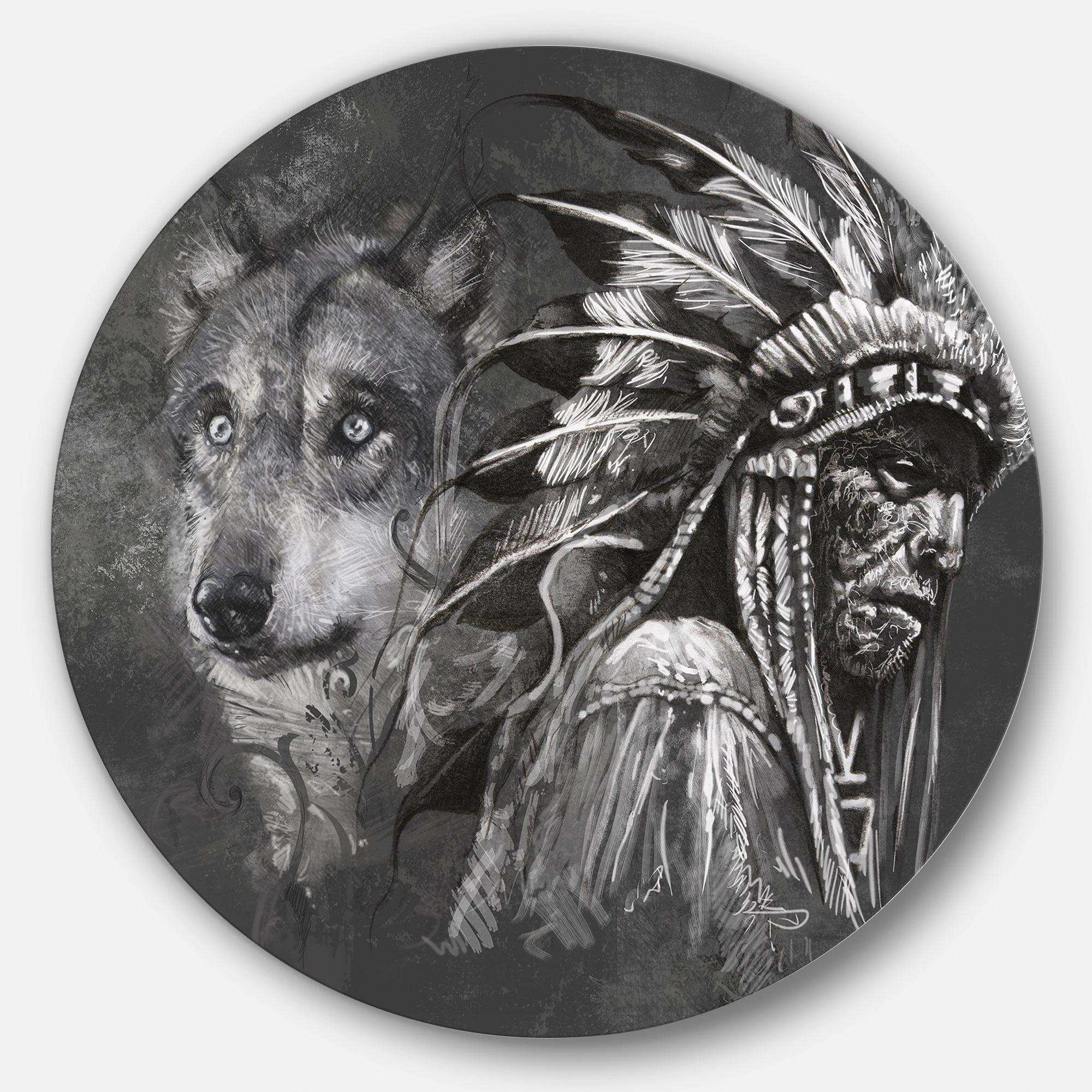 Wolf and American Indian Chief - Animal Round Metal Wall Art