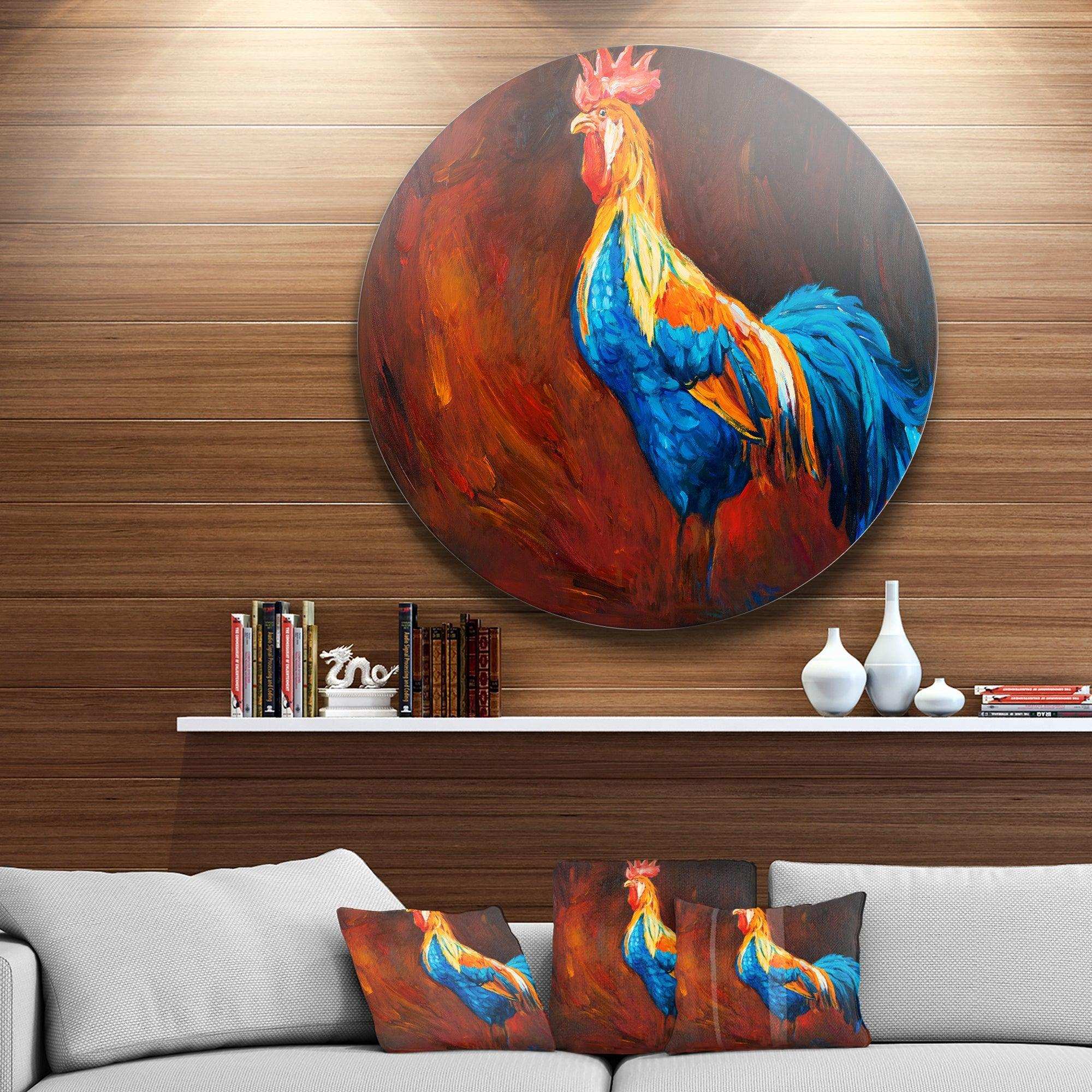 Blue and Orange Rooster - Animal Oversized Circle Metal Wall Art