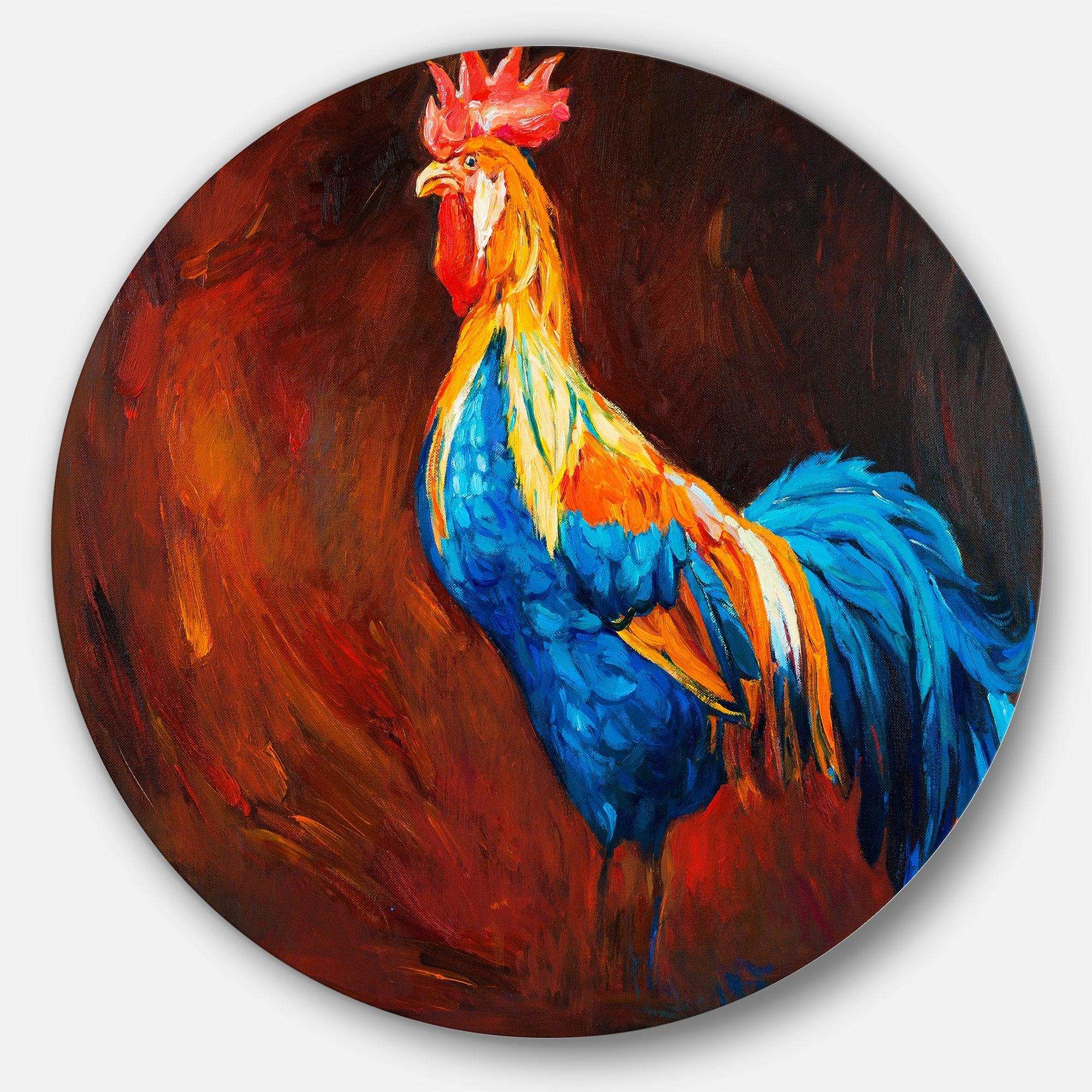 Blue and Orange Rooster - Animal Oversized Circle Metal Wall Art