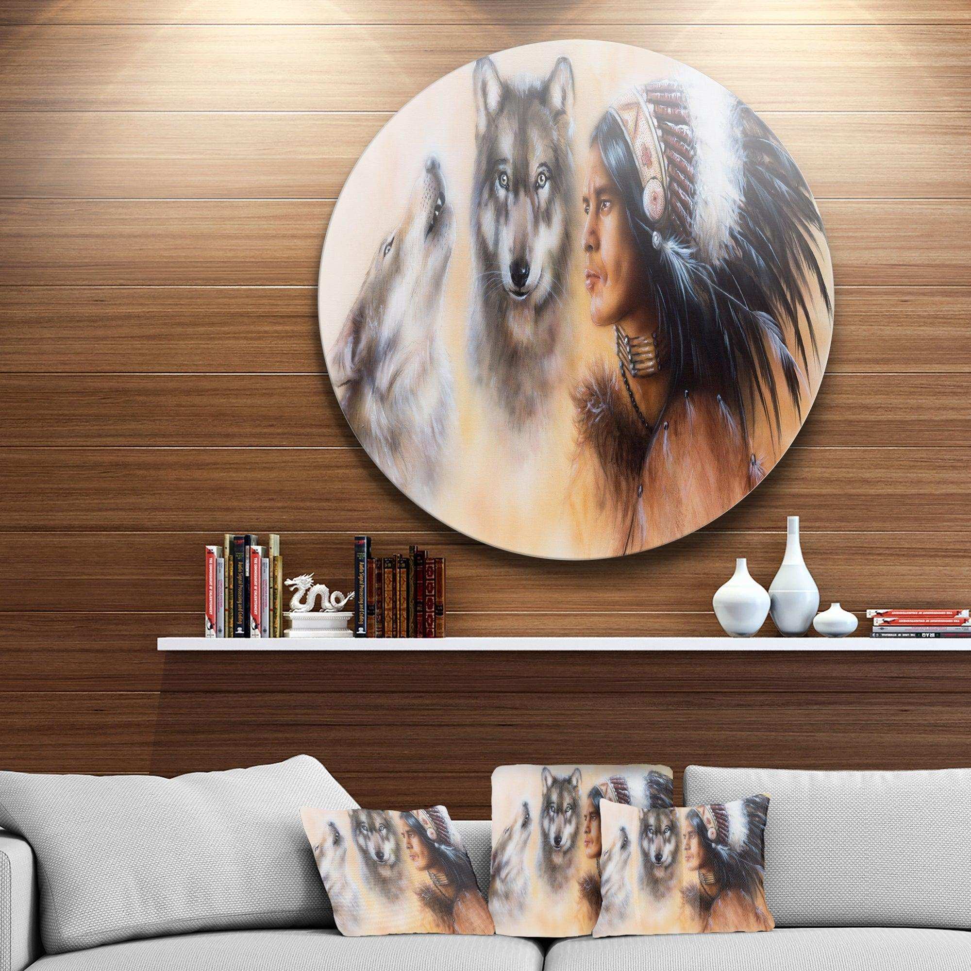 Indian Warrior with Two Wolves - Animal Circle Metal Wall Decor