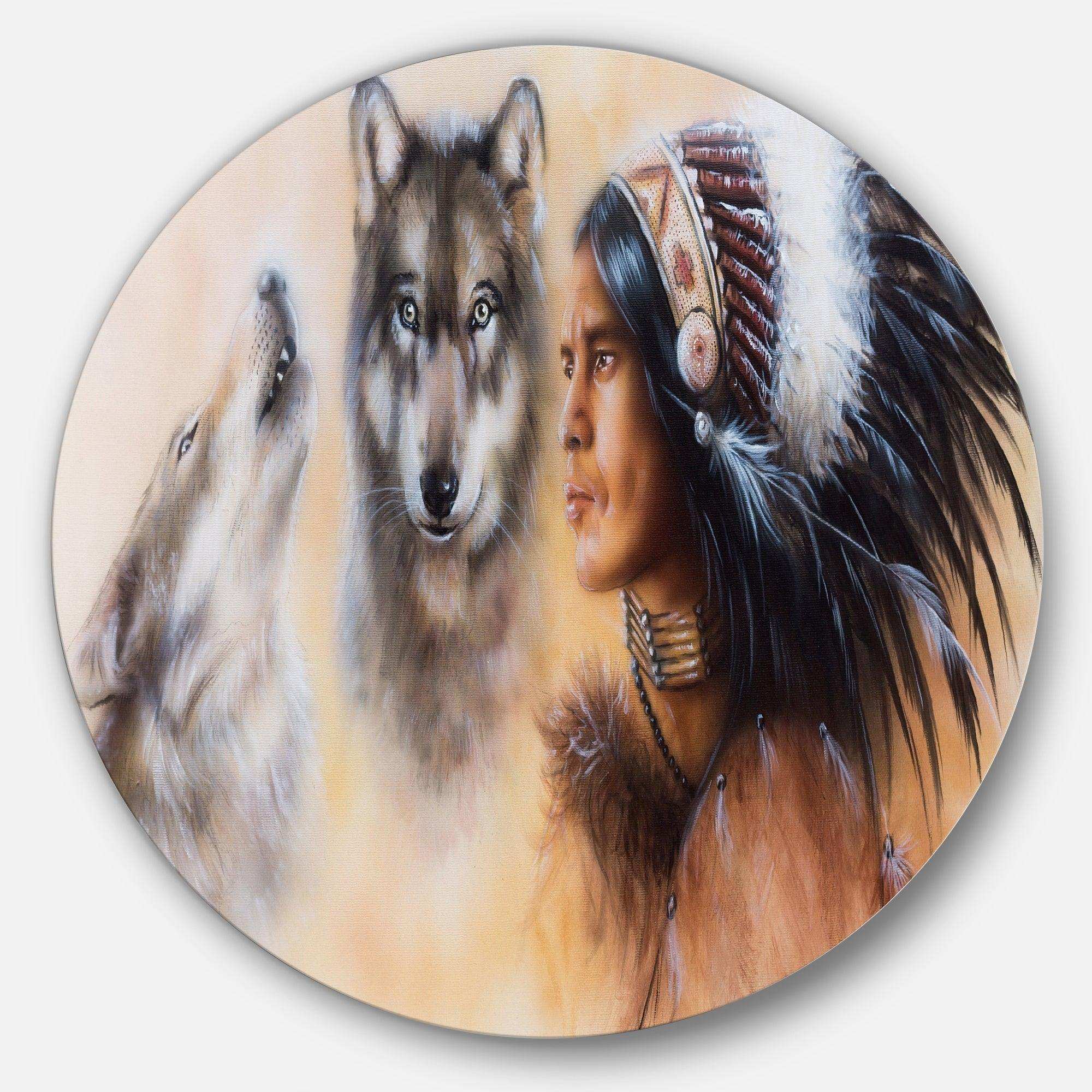 Indian Warrior with Two Wolves - Animal Circle Metal Wall Decor