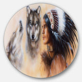 Indian Warrior with Two Wolves - Animal Circle Metal Wall Decor