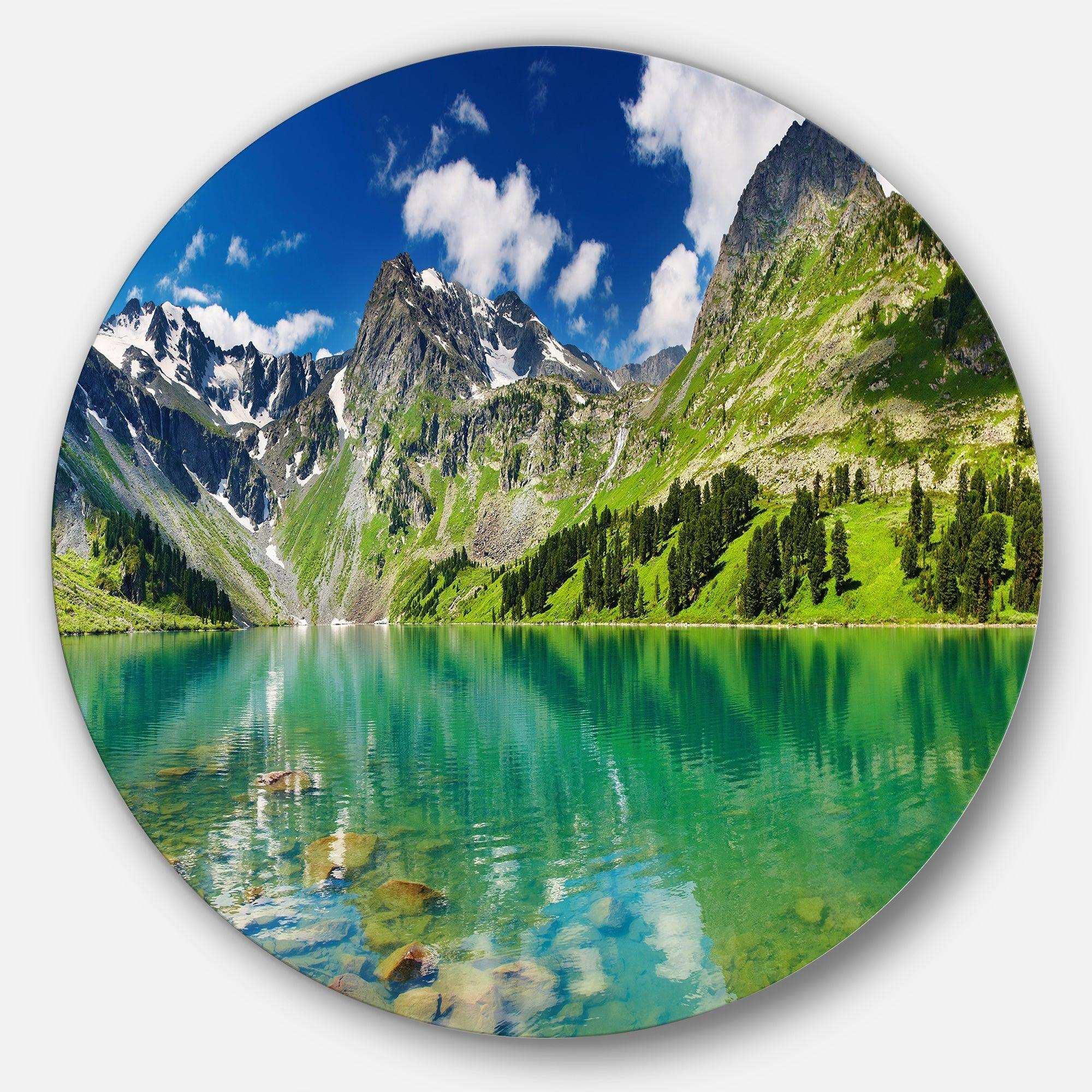 Bright Day Mountain Lake - Landscape Photography Round Metal Wall Art