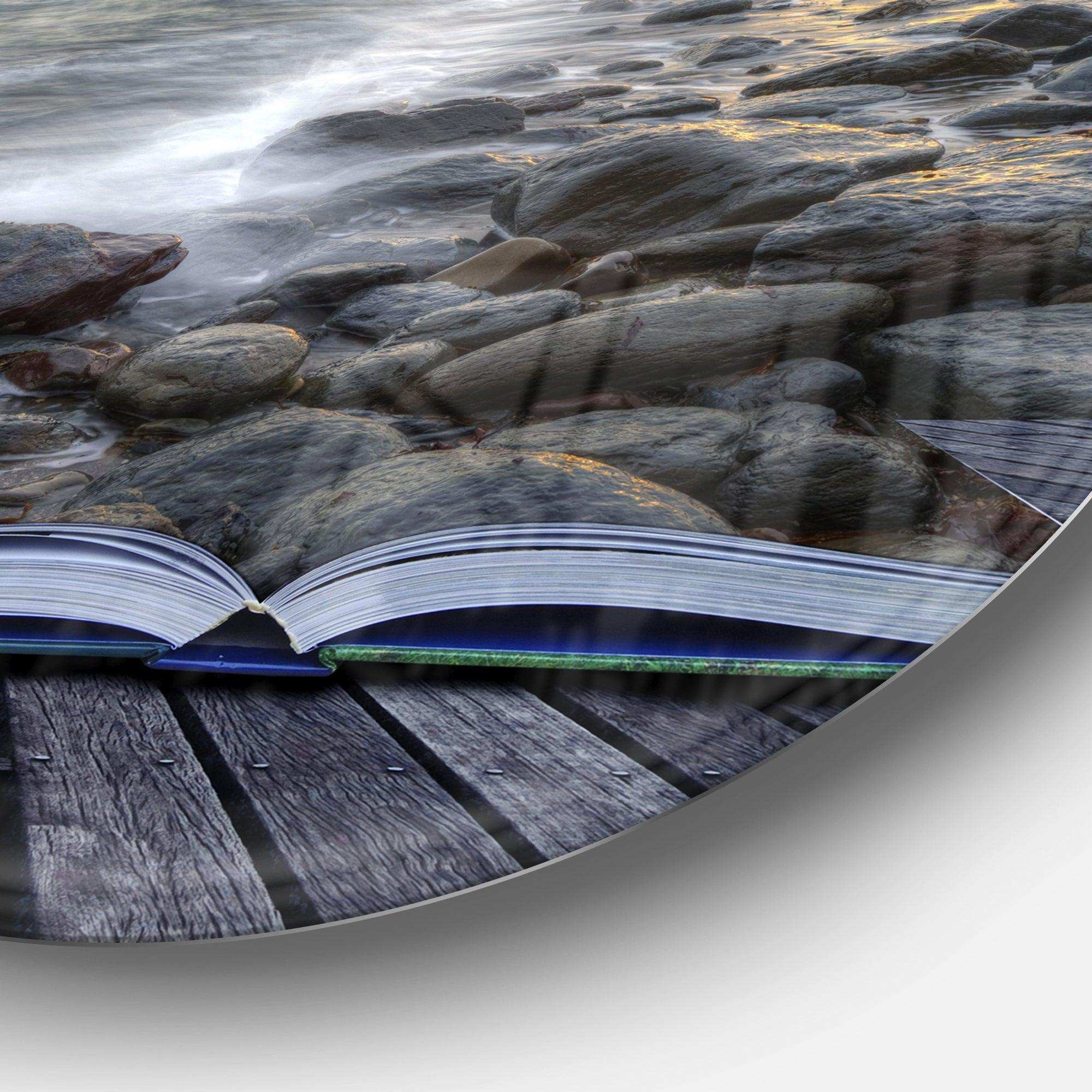 Open Book to the Evening Sea - Sea & Shore Round Metal Wall Art