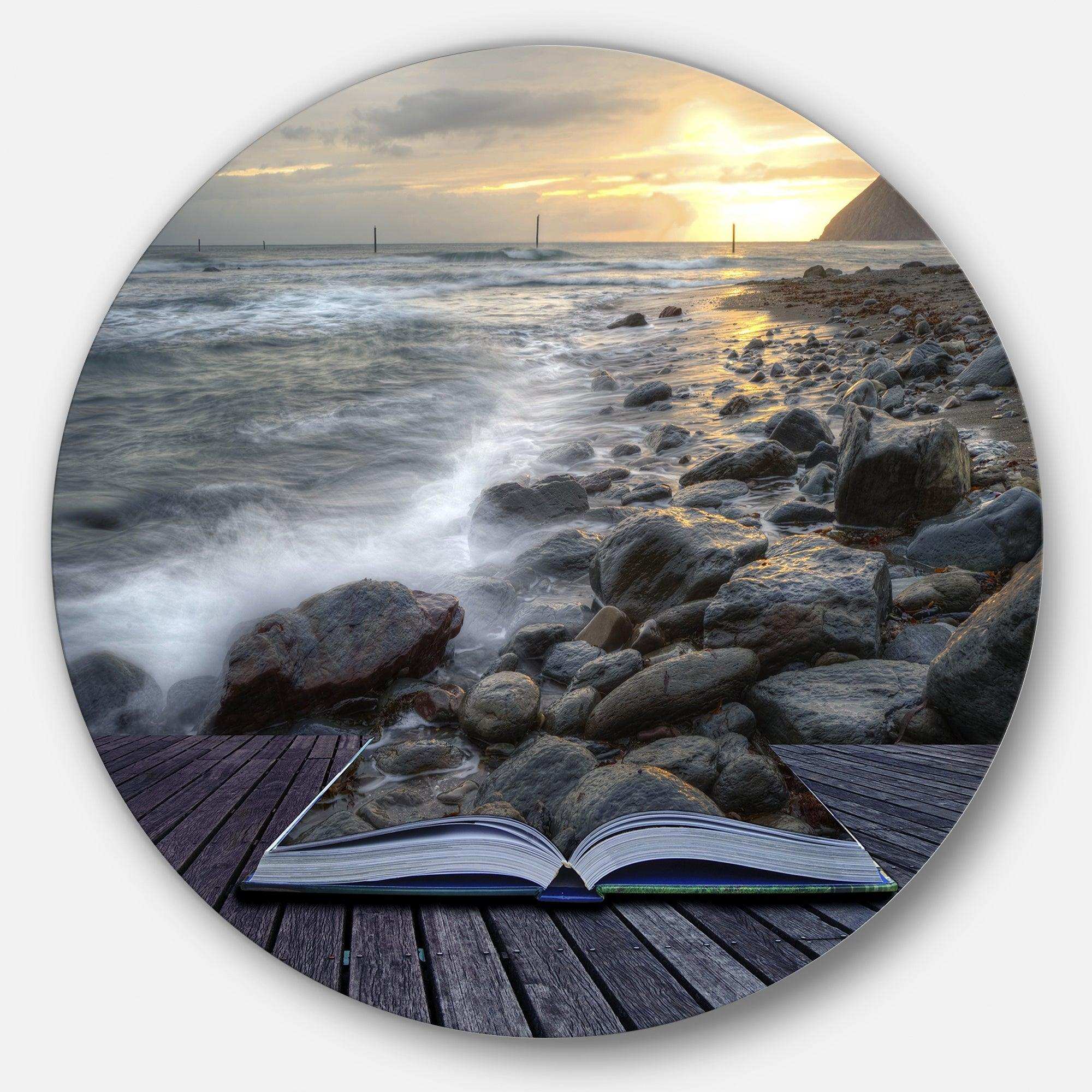 Open Book to the Evening Sea - Sea & Shore Round Metal Wall Art
