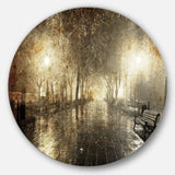 Night Alley with Lights - Landscape Photography Round Metal Wall Art
