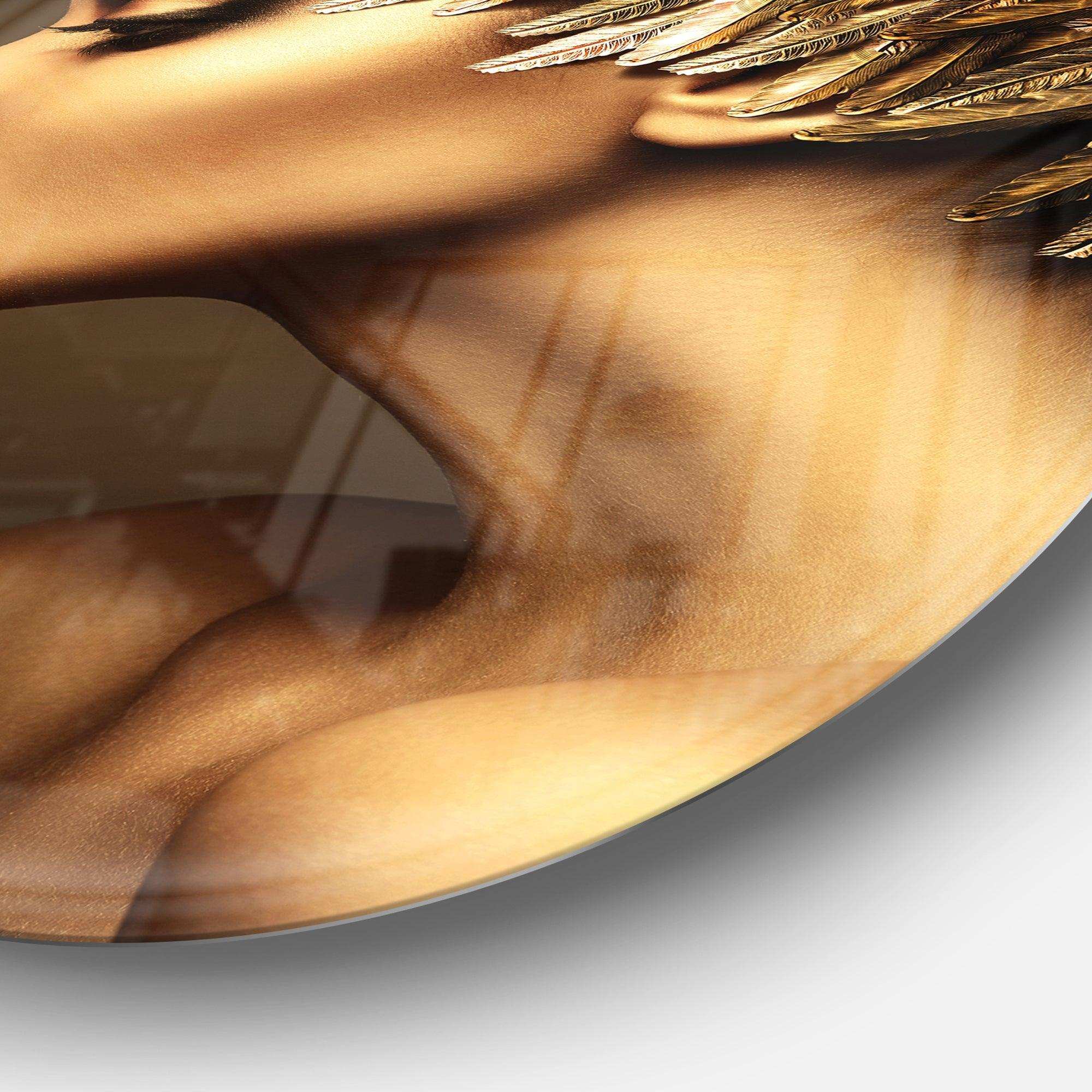 Woman with Gold Feather Hat - Portrait Metal Circle Wall Art