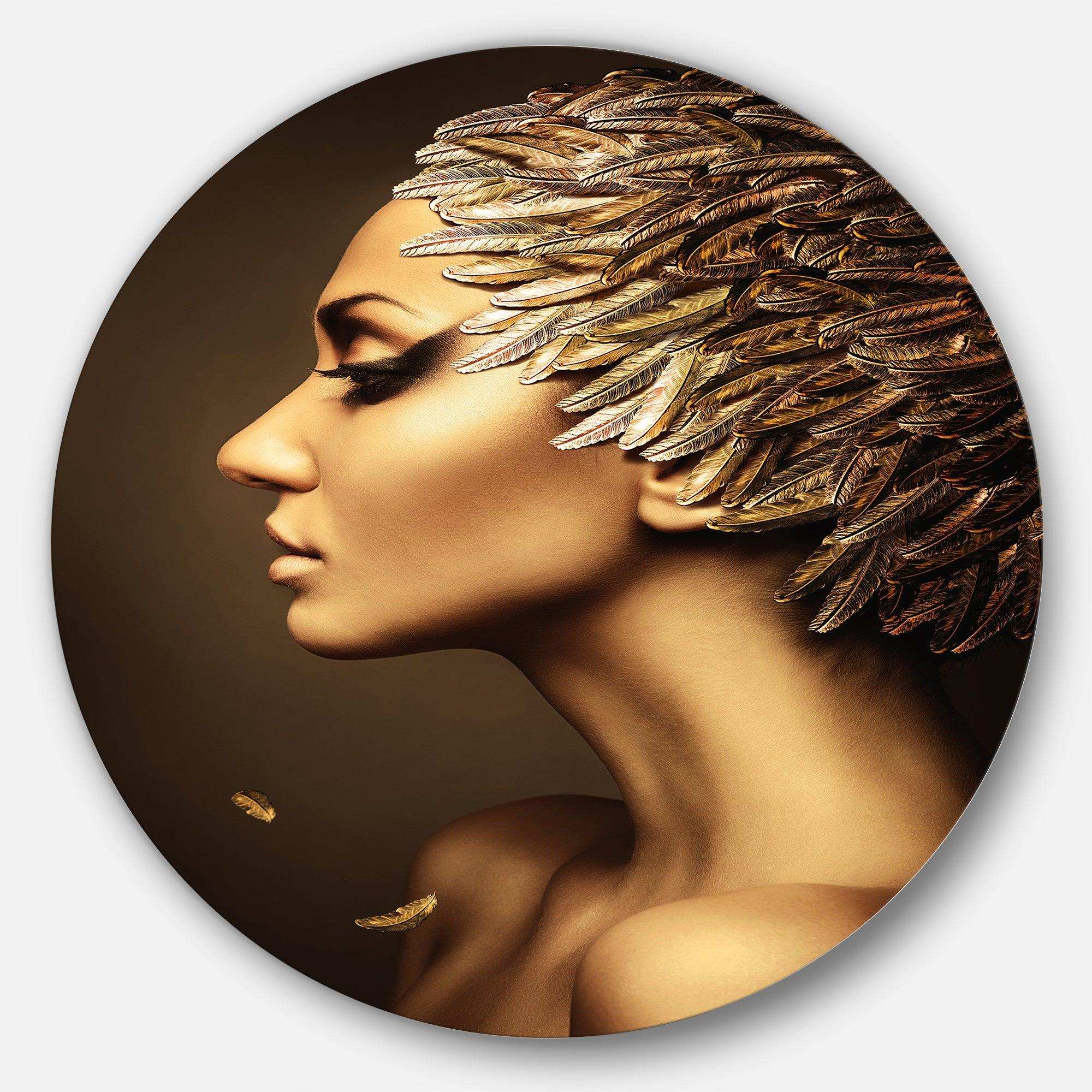 Woman with Gold Feather Hat - Portrait Metal Circle Wall Art