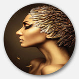 Woman with Gold Feather Hat - Portrait Metal Circle Wall Art