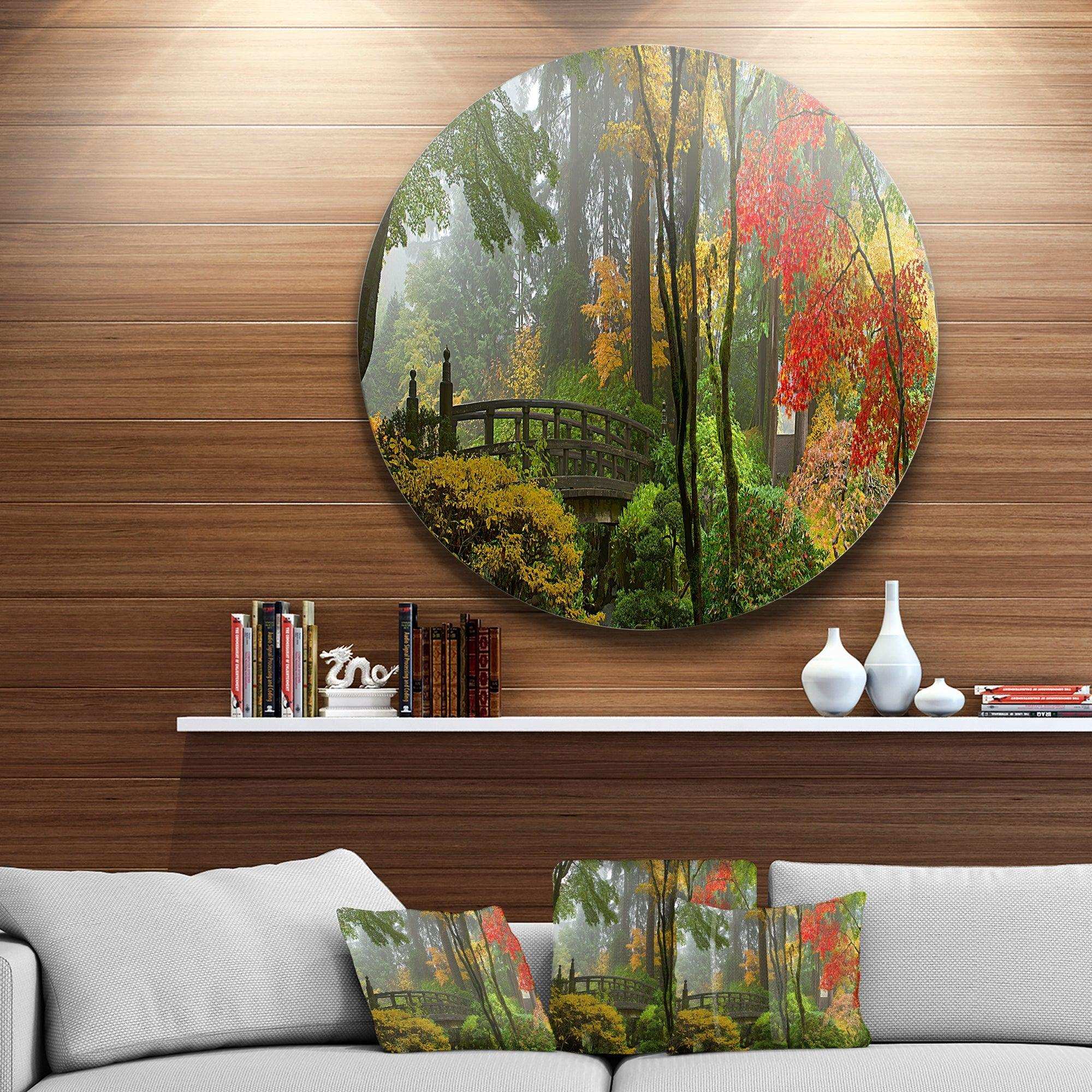 Japanese Wooden Bridge in Fall - Landscape Photography Oversized Circle Metal Wall Art