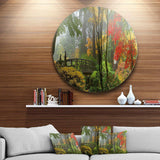 Japanese Wooden Bridge in Fall - Landscape Photography Oversized Circle Metal Wall Art