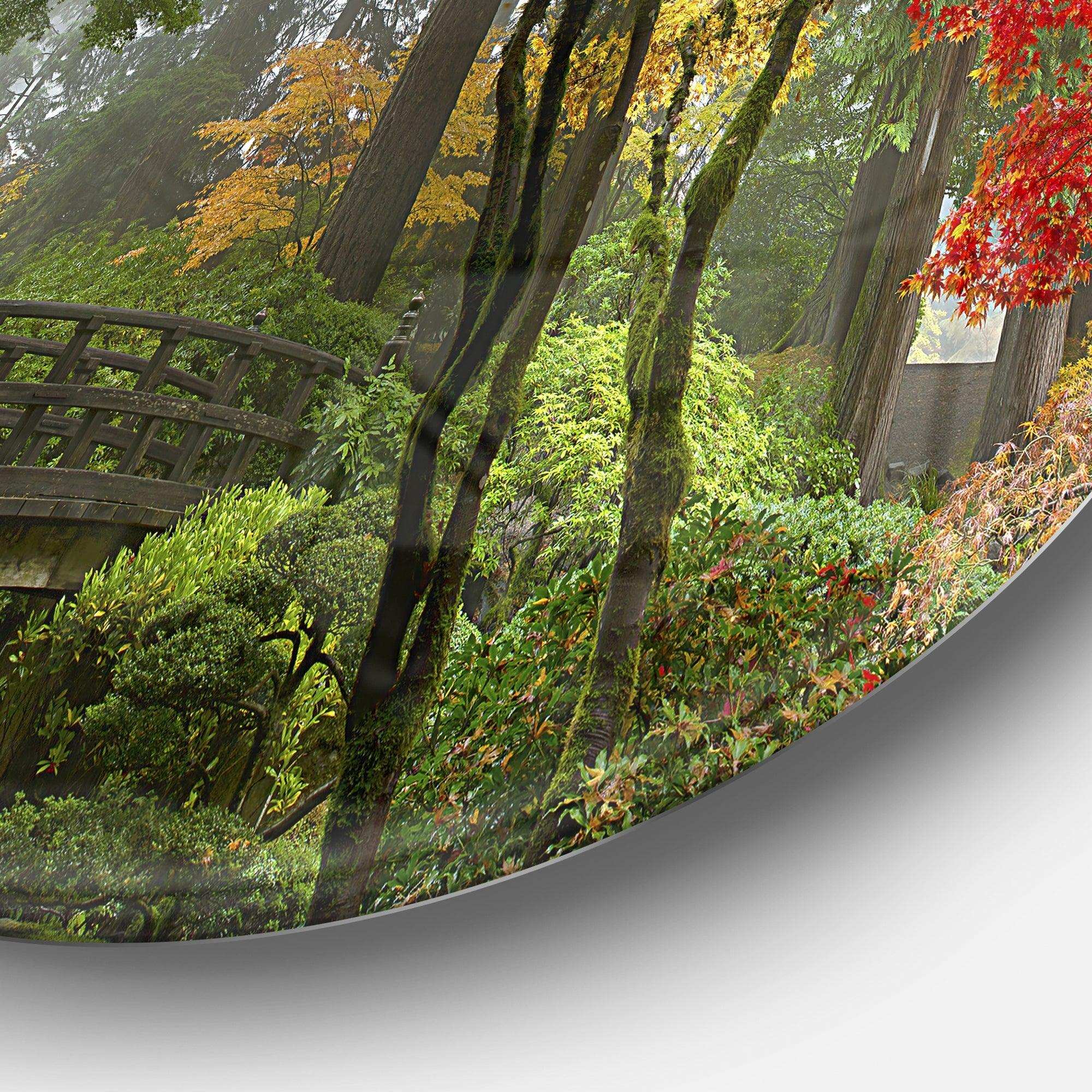 Japanese Wooden Bridge in Fall - Landscape Photography Oversized Circle Metal Wall Art