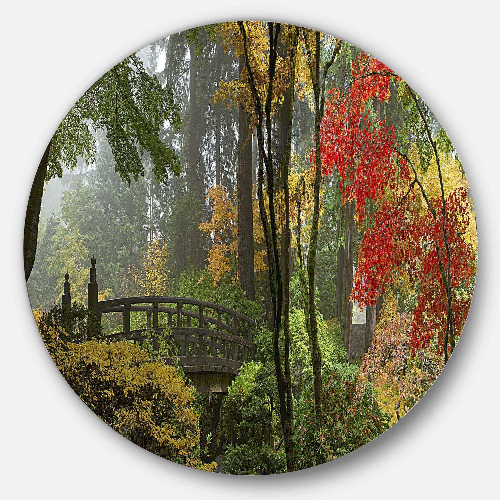 Japanese Wooden Bridge in Fall - Landscape Photography Oversized Circle Metal Wall Art
