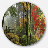 Japanese Wooden Bridge in Fall - Landscape Photography Oversized Circle Metal Wall Art