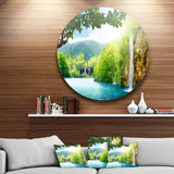 Waterfall in Deep Forest - Landscape Photography Round Metal Wall Art