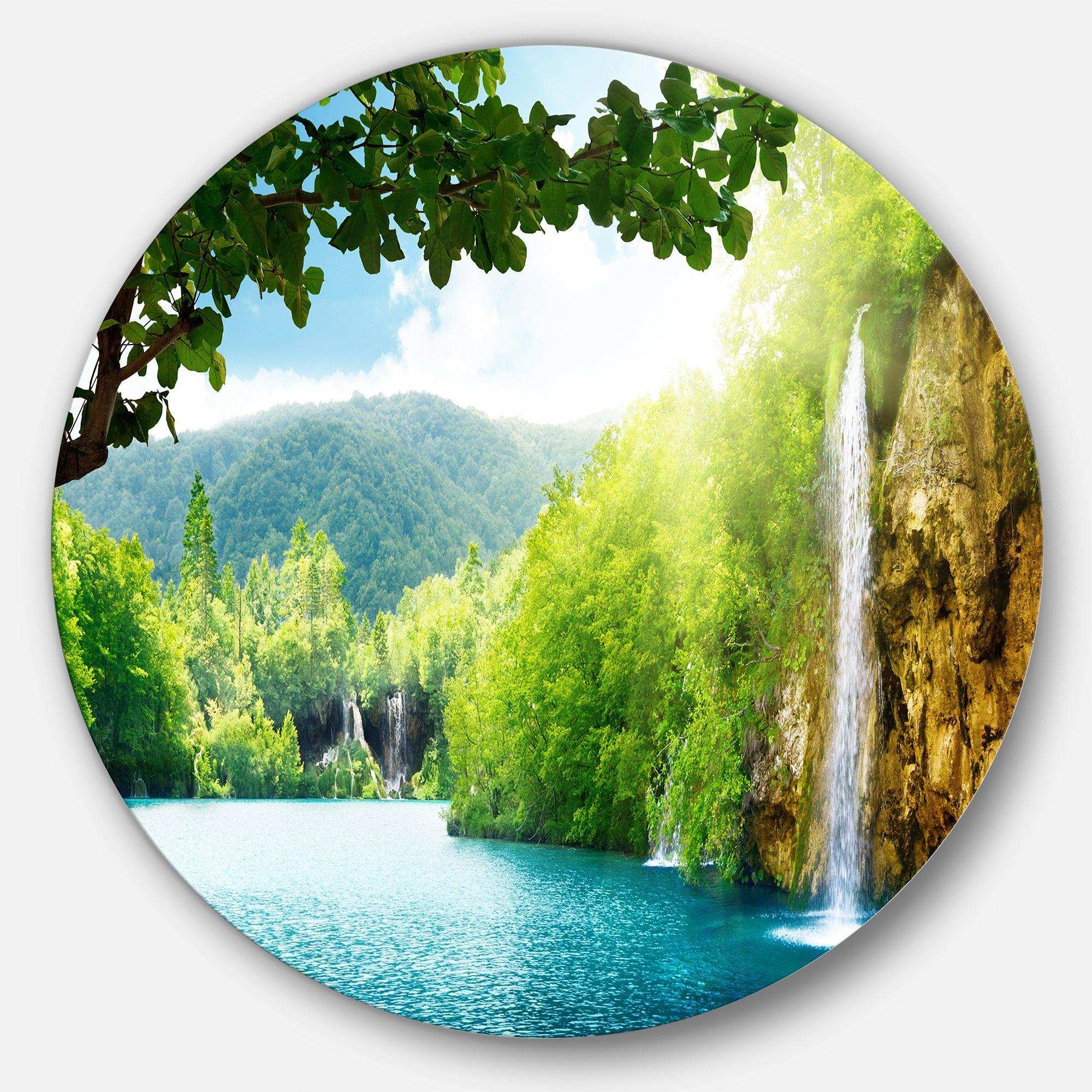 Waterfall in Deep Forest - Landscape Photography Round Metal Wall Art