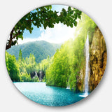 Waterfall in Deep Forest - Landscape Photography Round Metal Wall Art
