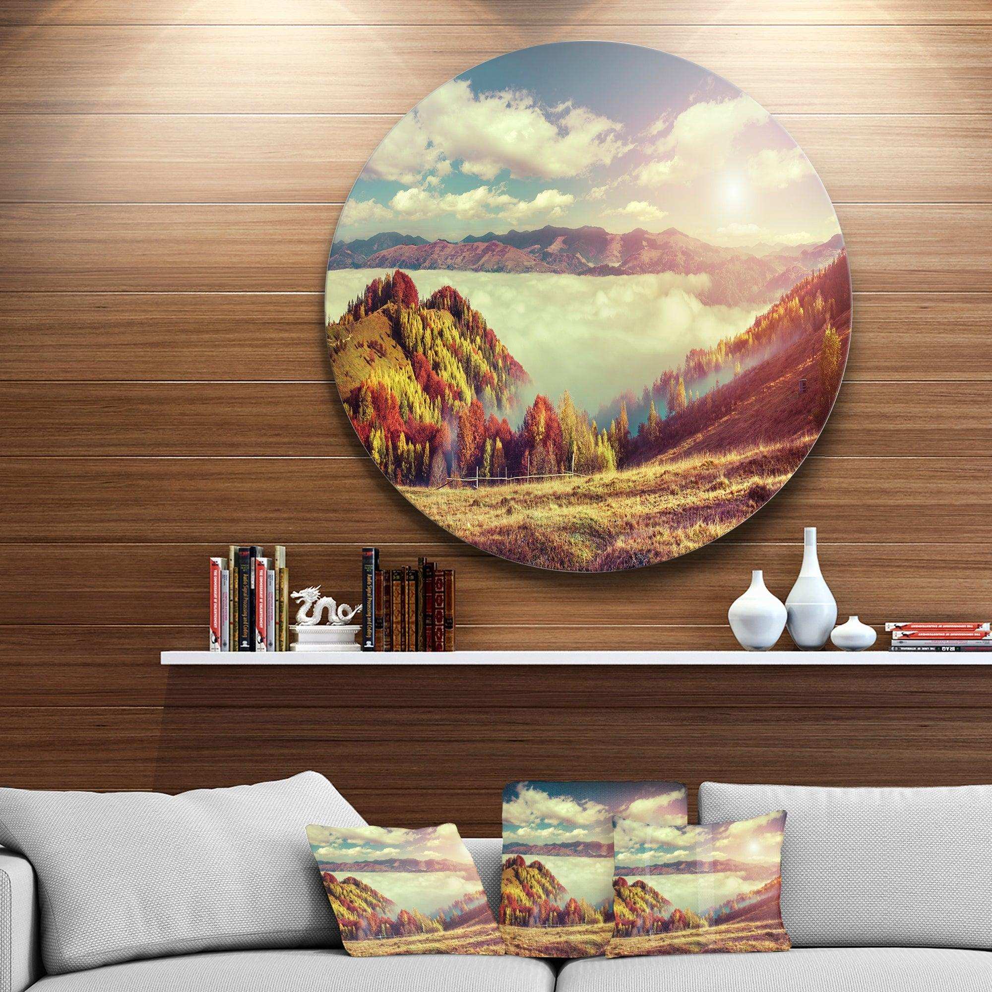 Autumn Panorama of Mountains - Landscape Photography Round Metal Wall Art