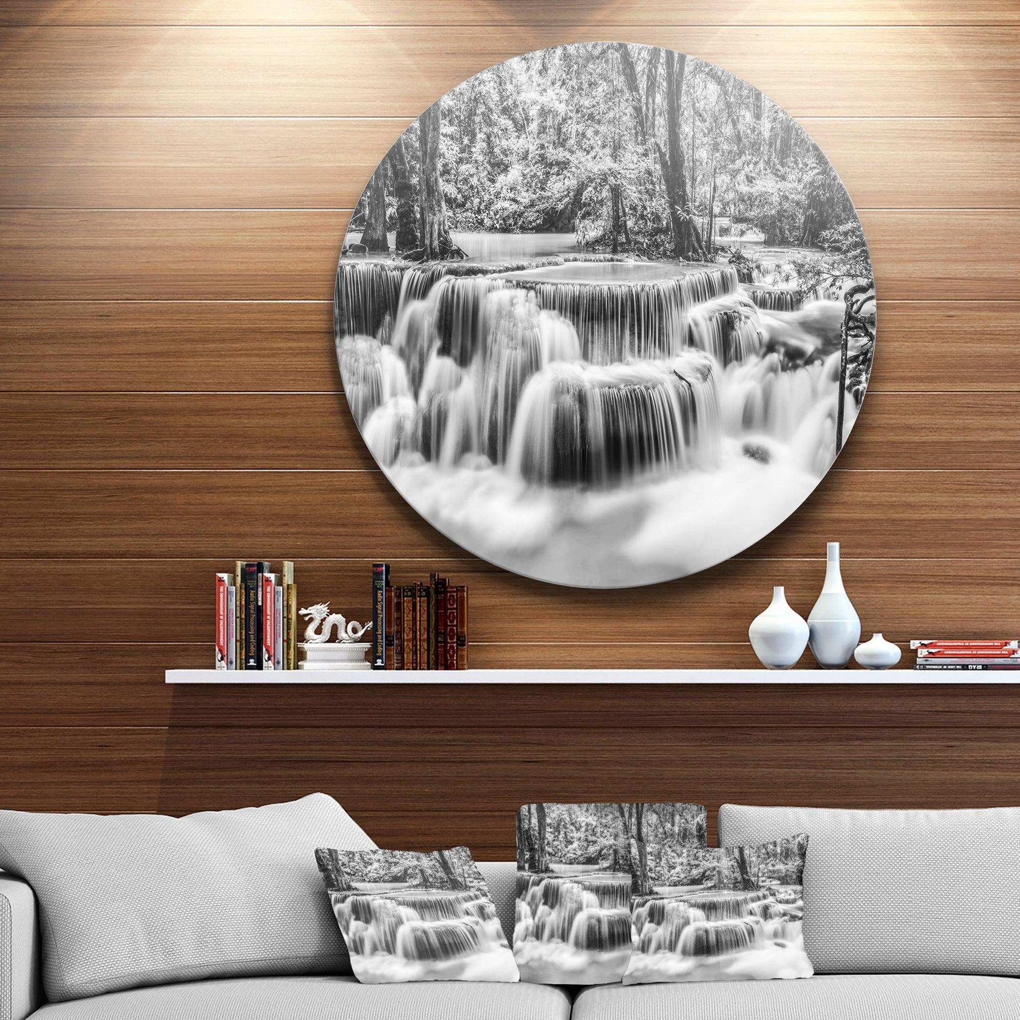 White Erawan Waterfall - Landscape Photography Circle Metal Wall Decor