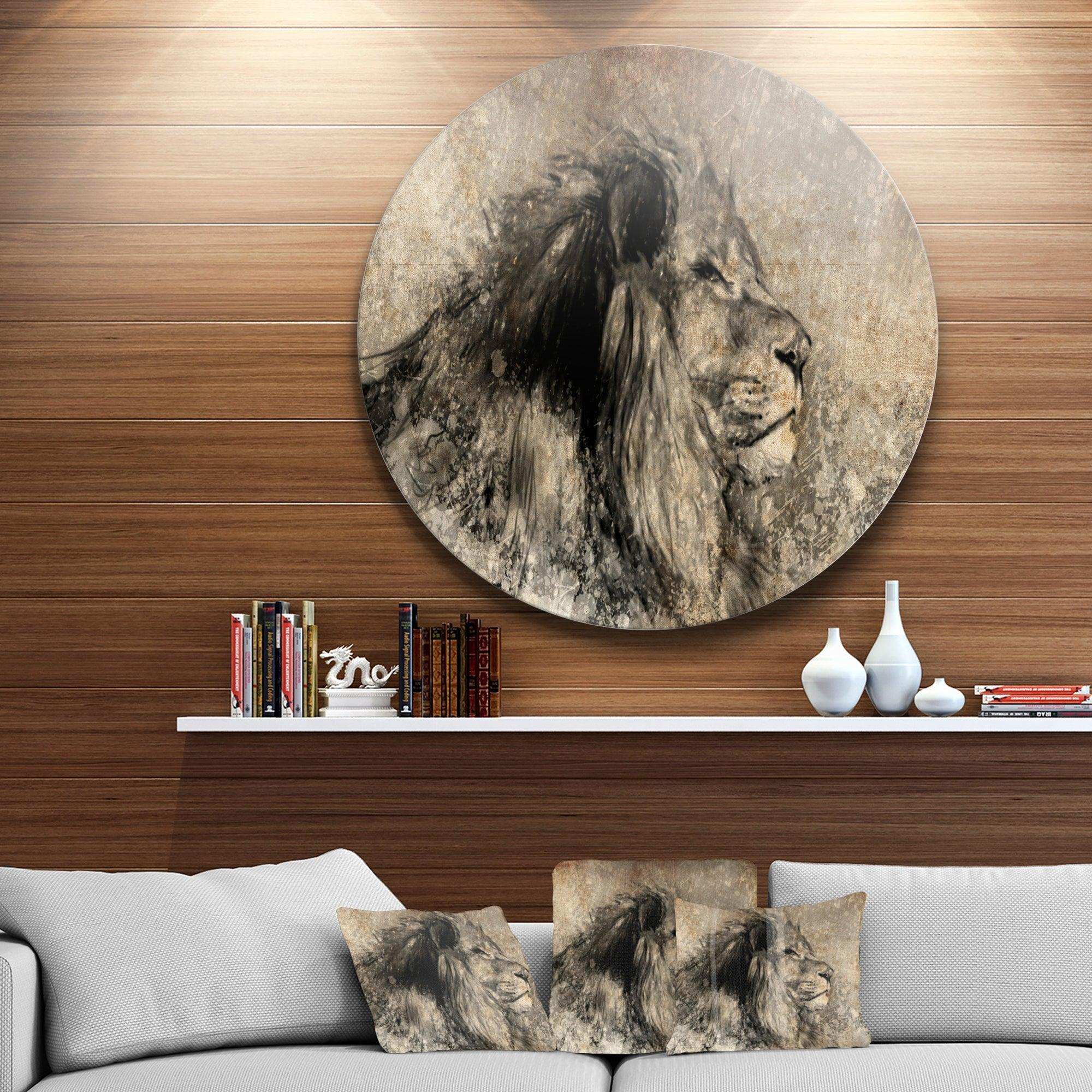 Lion in Sepia - Animal Circle Metal Wall Decor