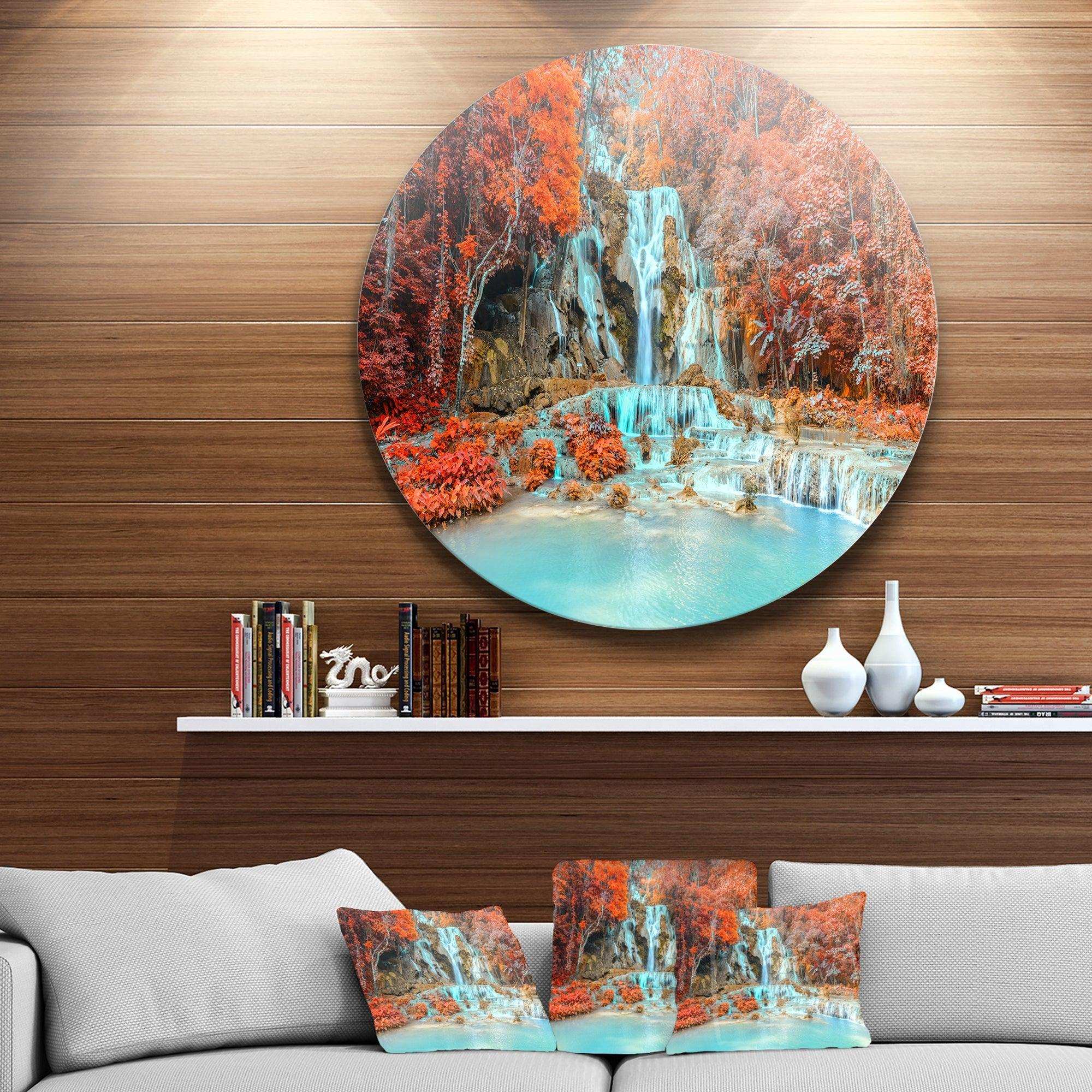 Rainforest Waterfall Loas - Landscape Photography Round Metal Wall Art