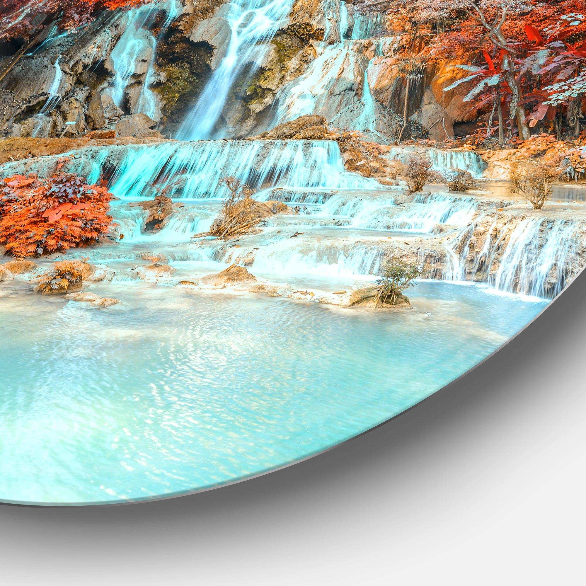 Rainforest Waterfall Loas - Landscape Photography Round Metal Wall Art