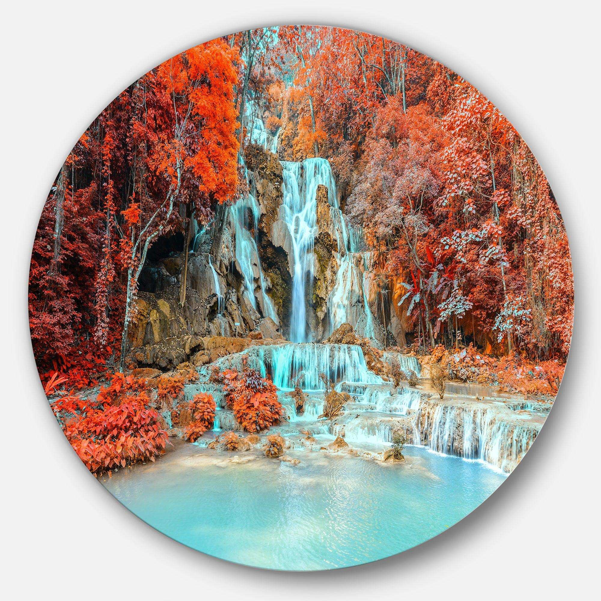 Rainforest Waterfall Loas - Landscape Photography Round Metal Wall Art