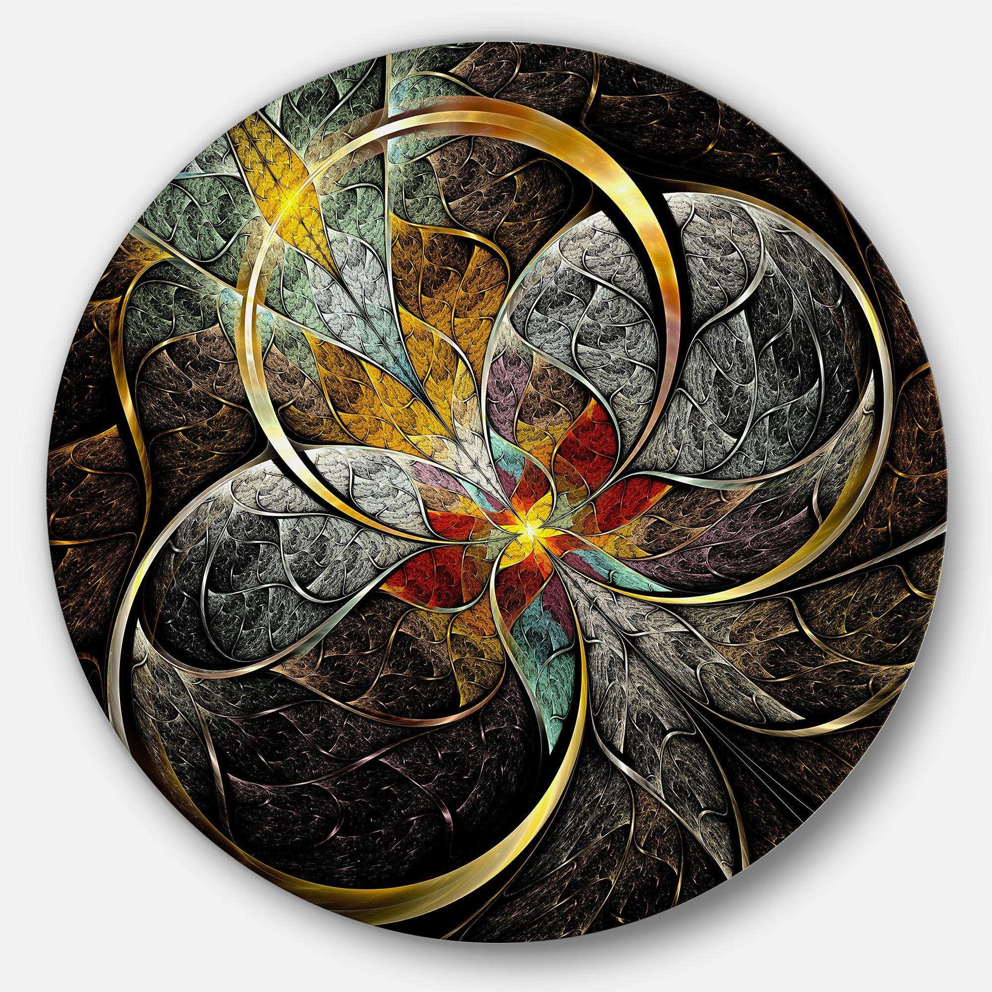 Symmetrical Brown Fractal Flowers - Abstract Metal Circle Wall Art