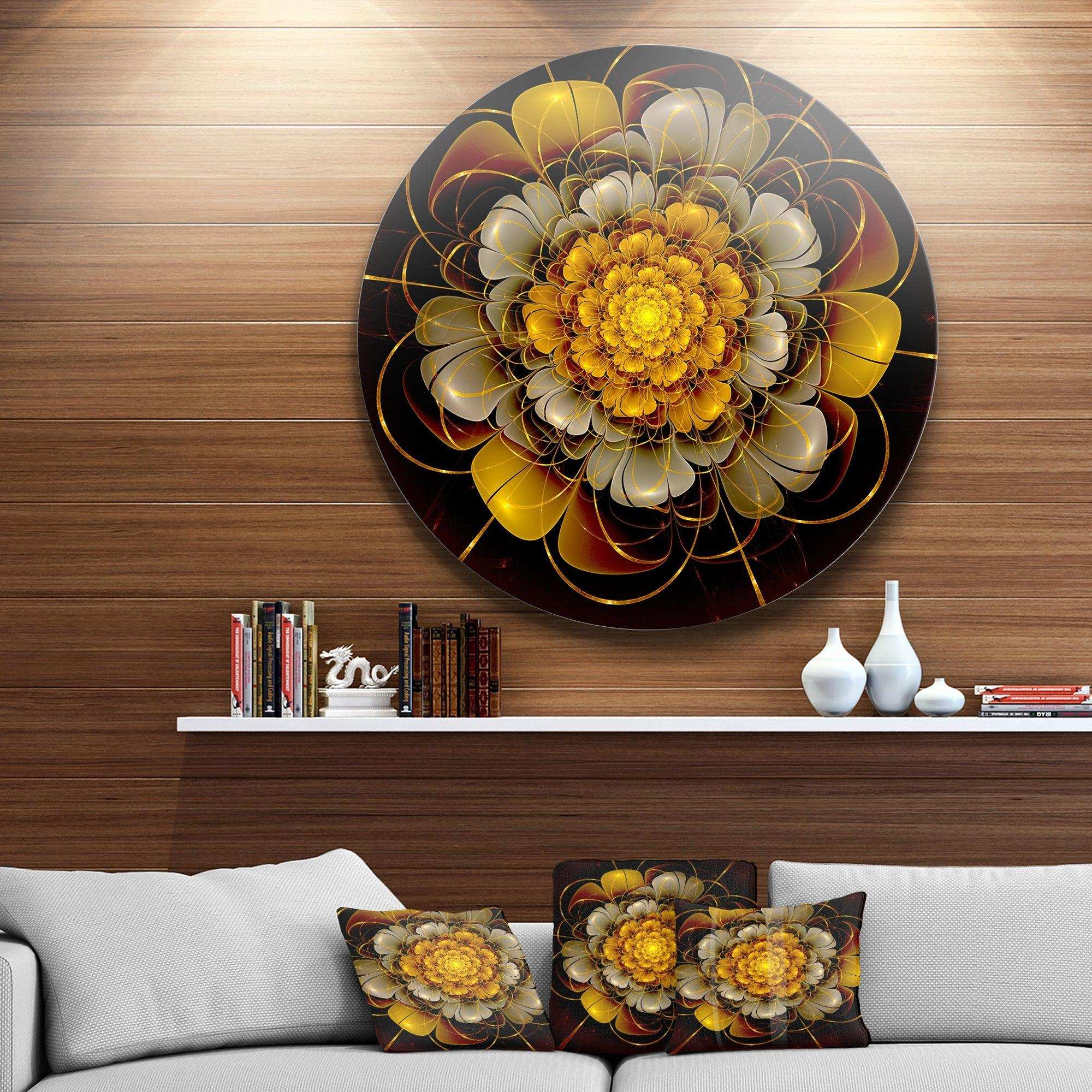 Dark Gold Fractal Flower - Floral Round Metal Wall Art