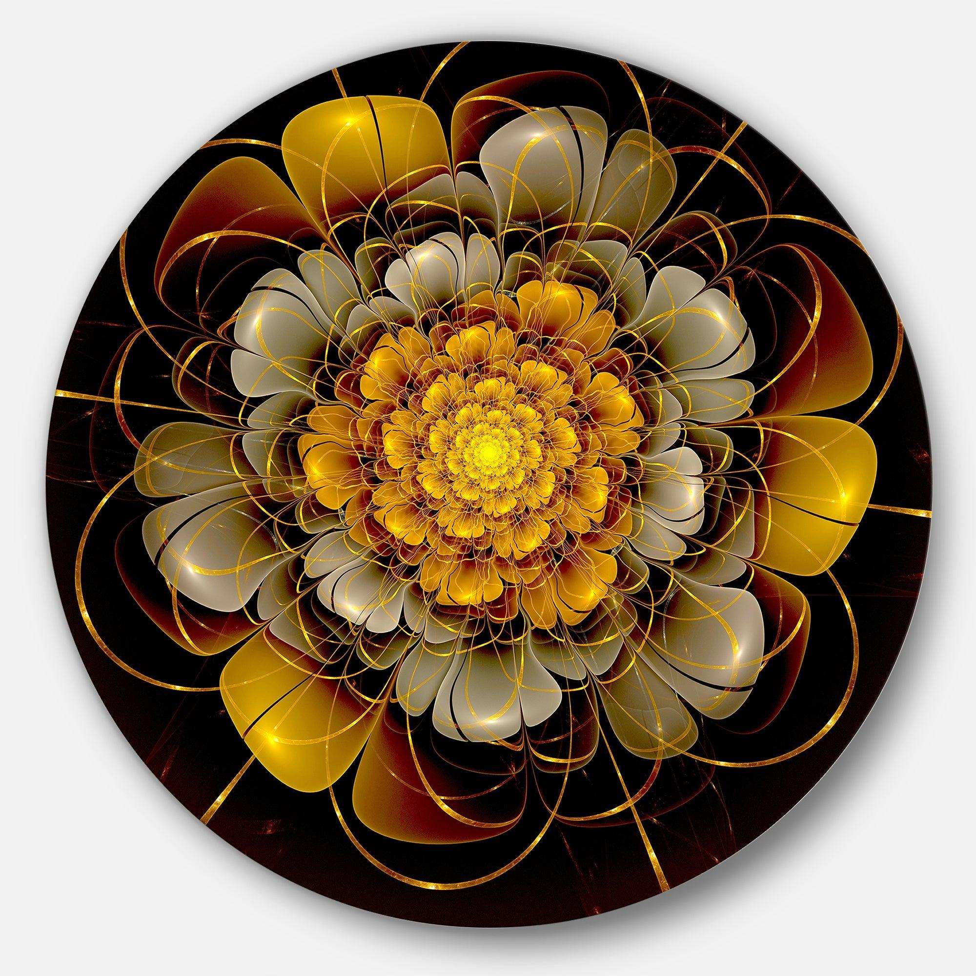 Dark Gold Fractal Flower - Floral Round Metal Wall Art
