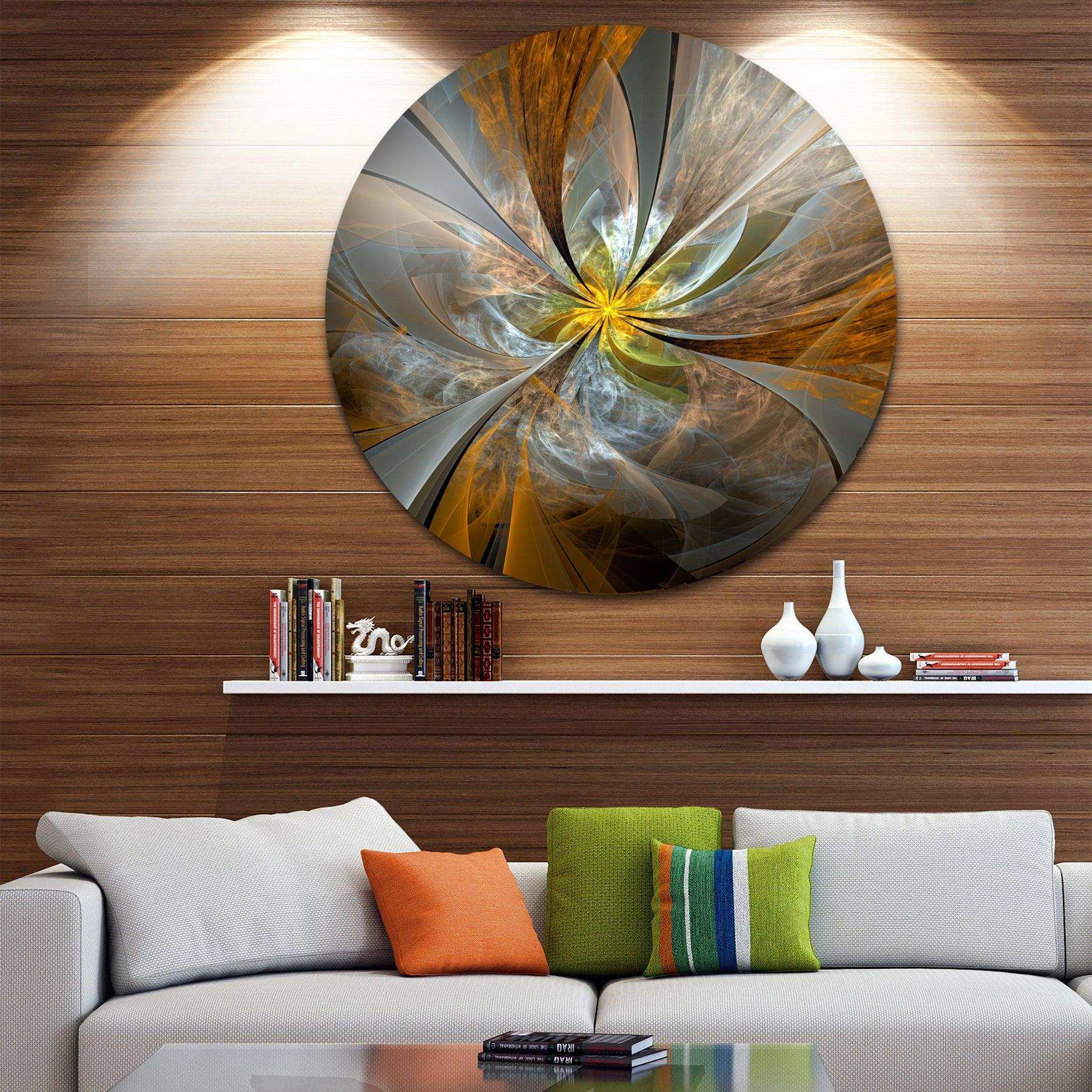 Symmetrical Yellow Fractal Flower - Floral Oversized Circle Metal Wall Art